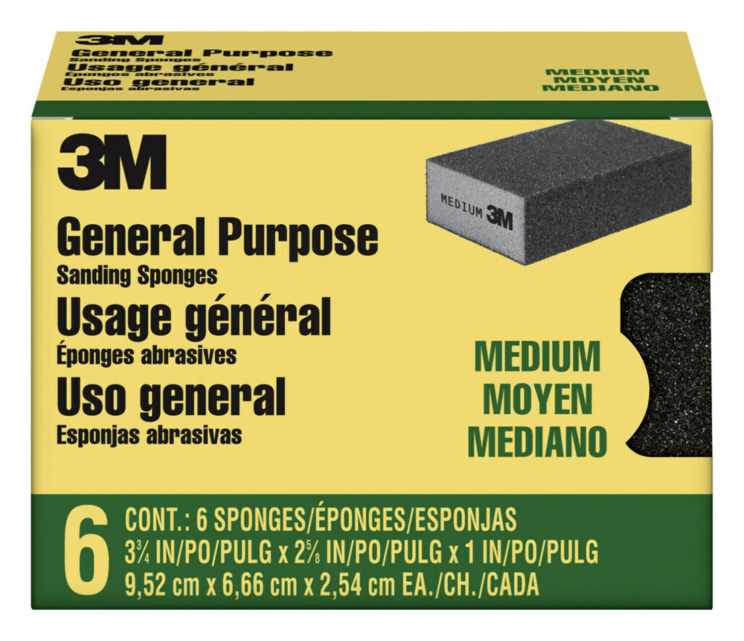 7100241247 - 3M Sanding Sponge CP002-6P-CC, Block,3 3/4 in x 2 5/8 in x 1 in, Medium, 6-pack, 4 packs/cs
