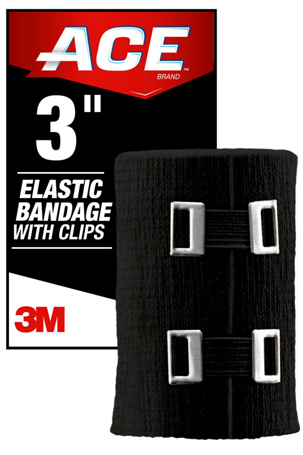 7100157912 - ACE Elastic Bandage, 207333, 3 in x 63.6 in (1.7 yds) (7.6 cm x 1.6 m), Black w/Metal Clips
