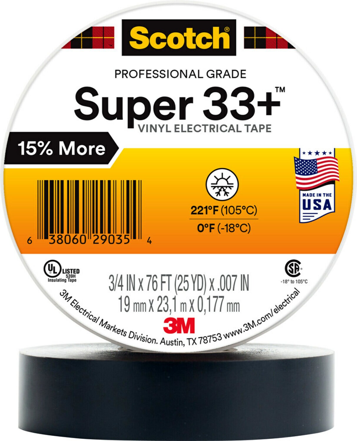 7000058808 - Scotch Super 33+ Vinyl Electrical Tape, 2 in X 36 yd, 1 in Core, Black, Bulk, 25 rolls/Case