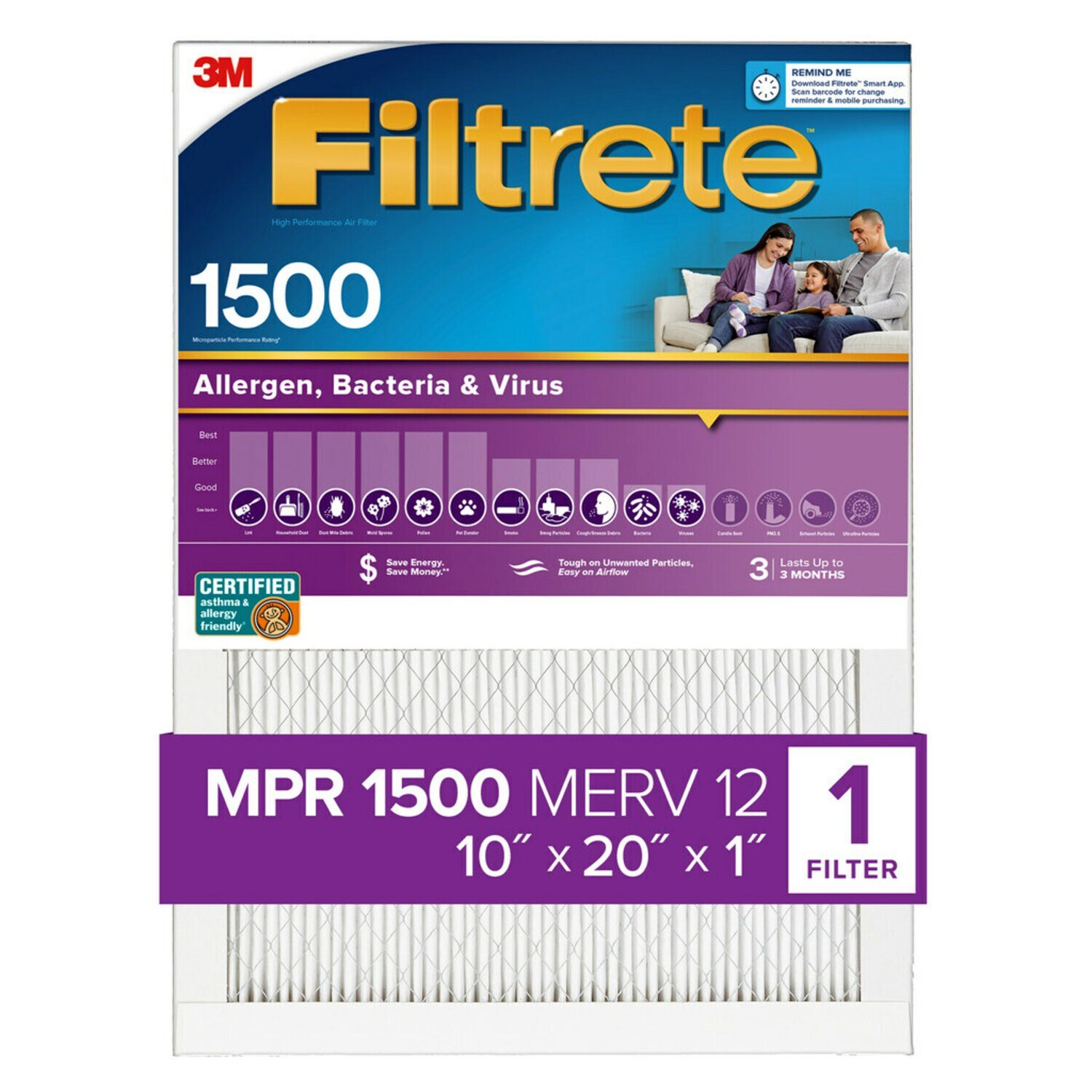 7100264581 - Filtrete High Performance Air Filter 1500 MPR 2007DC-4, 10 in x 20 in x 1 in (25.4 cm x 50.8 cm x 2.5 cm)