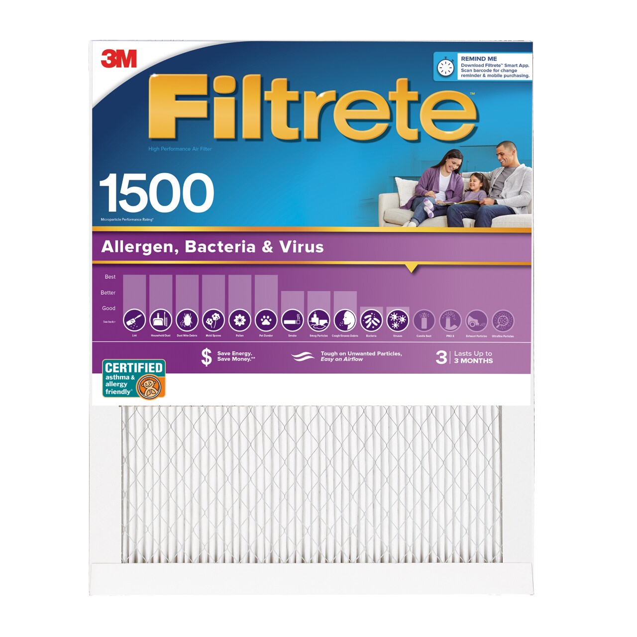 7100250764 - Filtrete High Performance Air Filter 1500 MPR 2022-4, 20 in x 30 in x 1 in (50.8 cm x 76.2 cm x 2.5 cm)