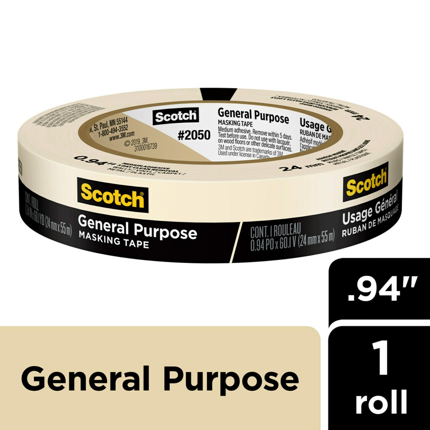 7100192223 - Scotch General Purpose Masking Tape 2050-24AP, 0.94 in x 60.1 yd (24mm x 55m)