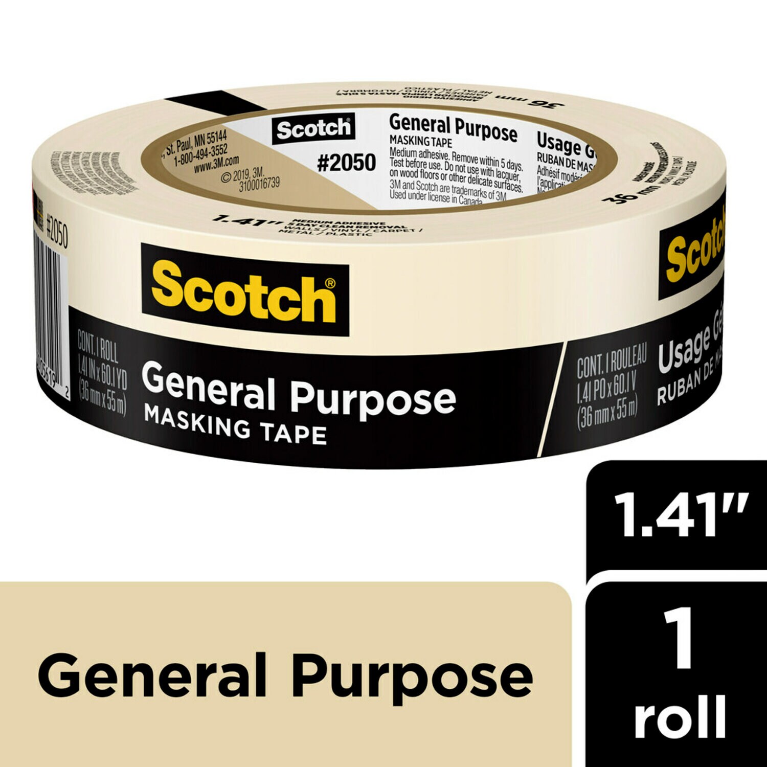 7100192224 - Scotch General Purpose Masking Tape 2050-36AP, 1.41 in x 60.1 yd (36mm x 55m)
