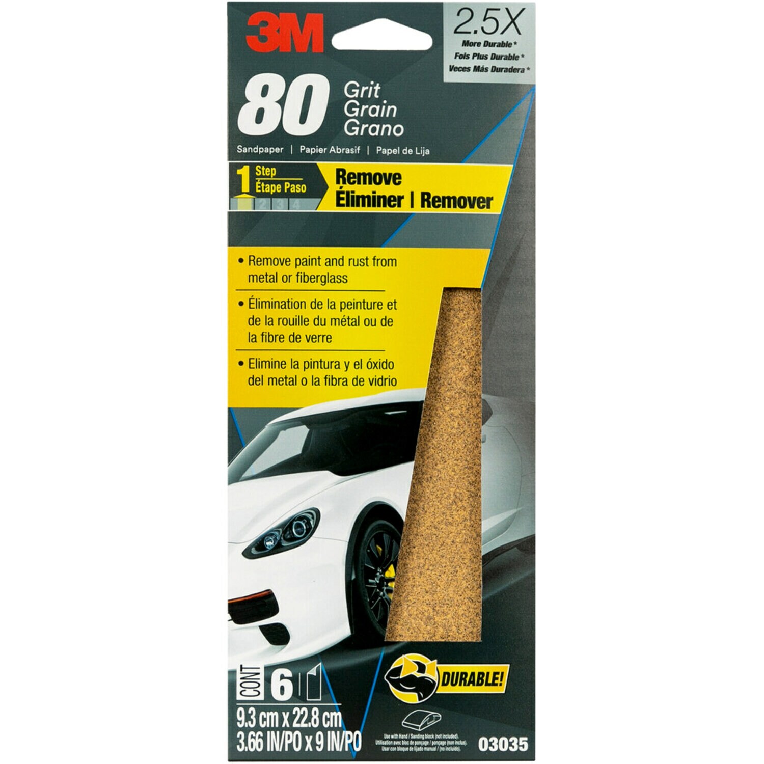 7100100322 - 3M Sandpaper, 03035, 80 Grit, 3 2/3 in x 9 in, 20 per case