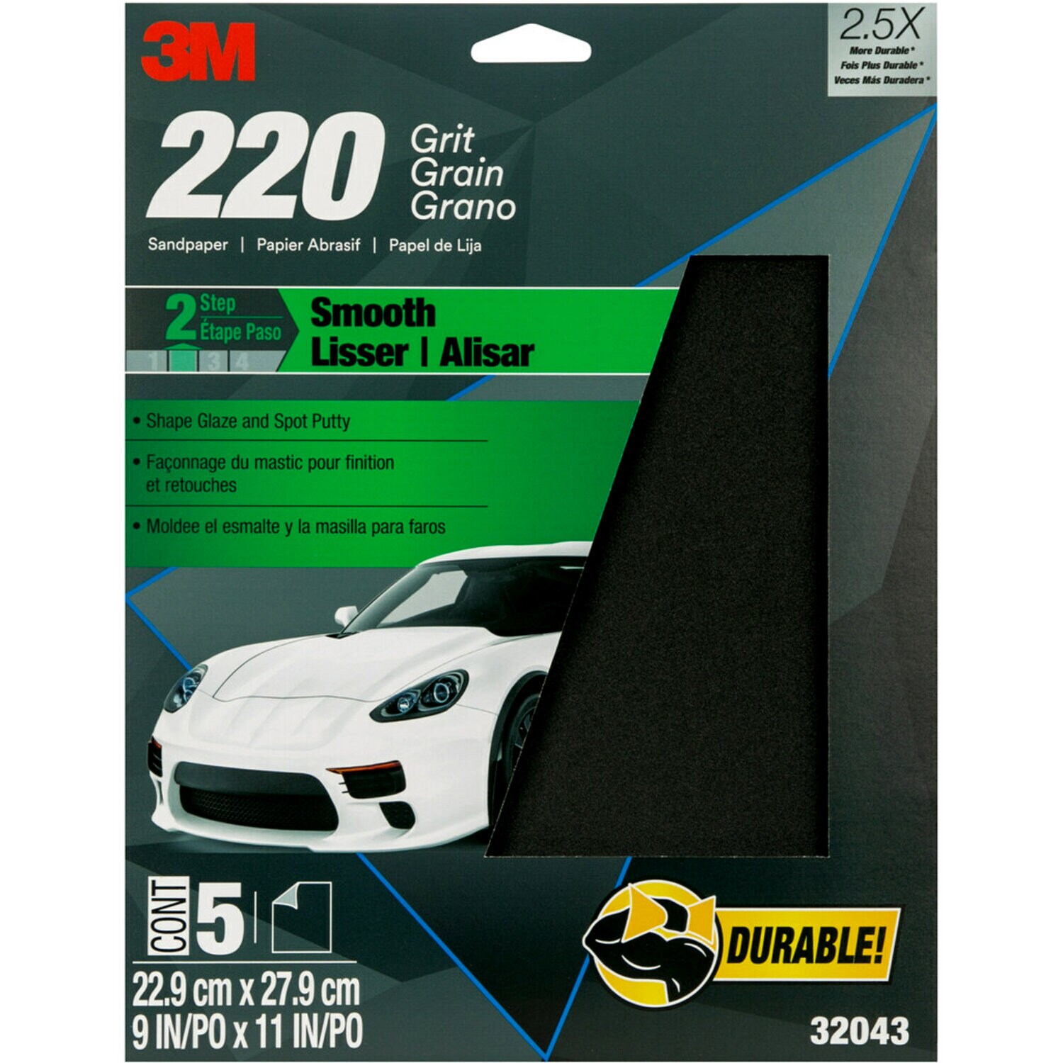 7010308858 - 3M Wetordry Sandpaper, 32043, 9 in x 11 in, 220 grit, 5 per pack, 20 per case