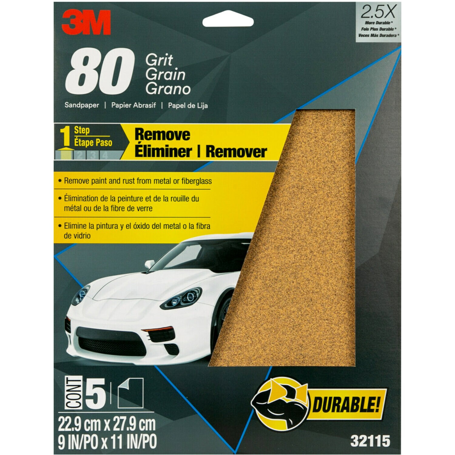 7010308859 - 3M Sandpaper, 32115, 80 Grit, 9 in x 11 in, 5 per pack, 20 packs per case