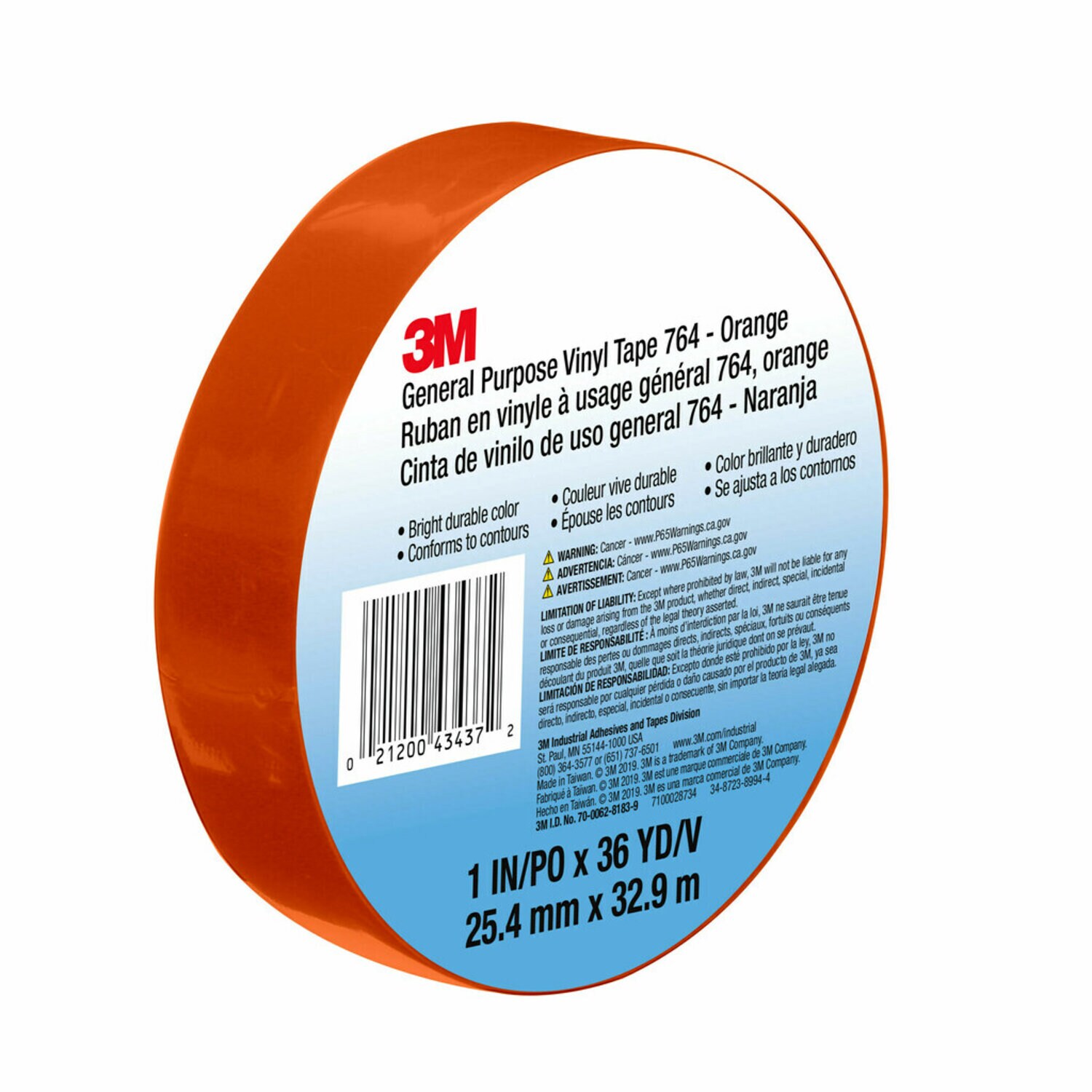 7100028734 - 3M General Purpose Vinyl Tape 764, Orange, 1 in x 36 yd, 5 mil, 36 Roll/Case, Individually Wrapped Conveniently Packaged