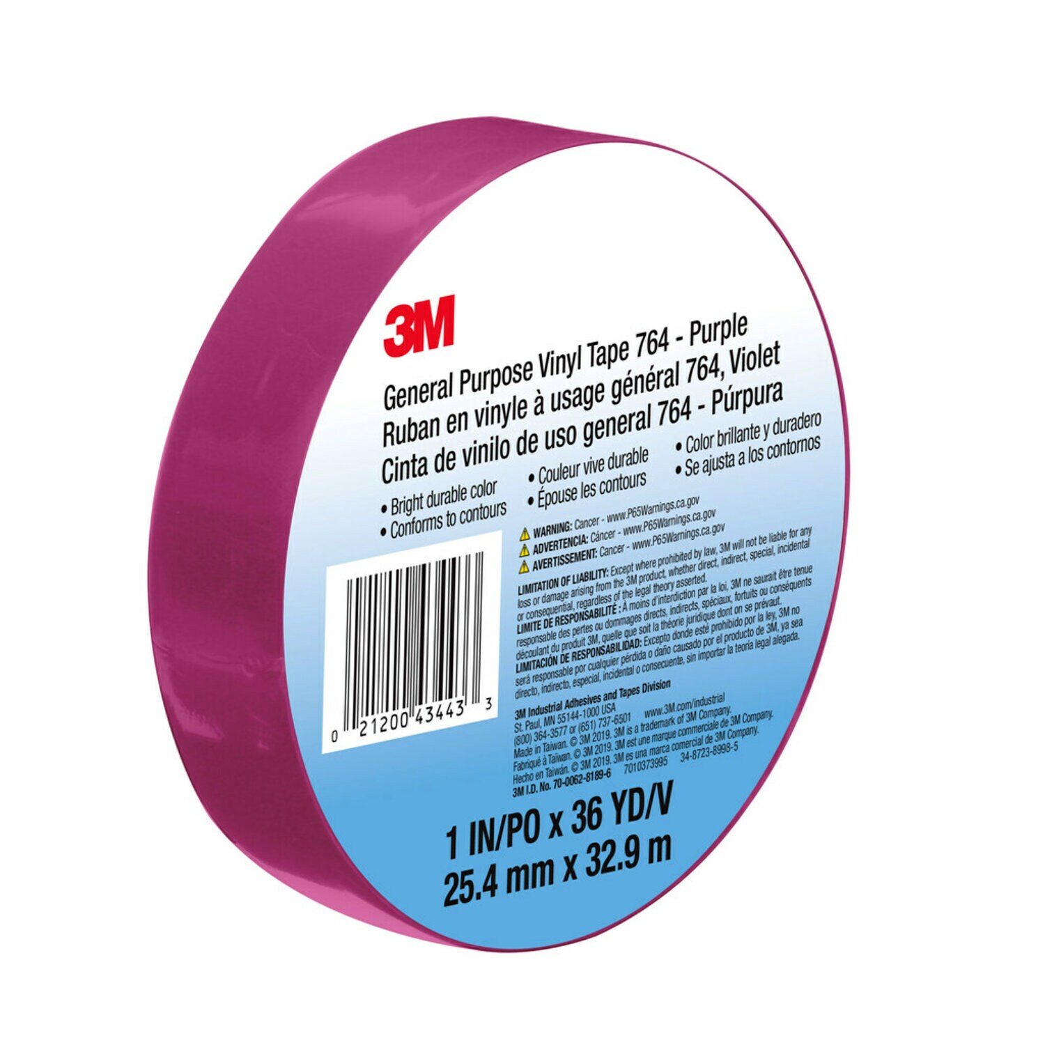 7010373995 - 3M General Purpose Vinyl Tape 764, Purple, 1 in x 36 yd, 5 mil, 36 Roll/Case, Individually Wrapped Conveniently Packaged