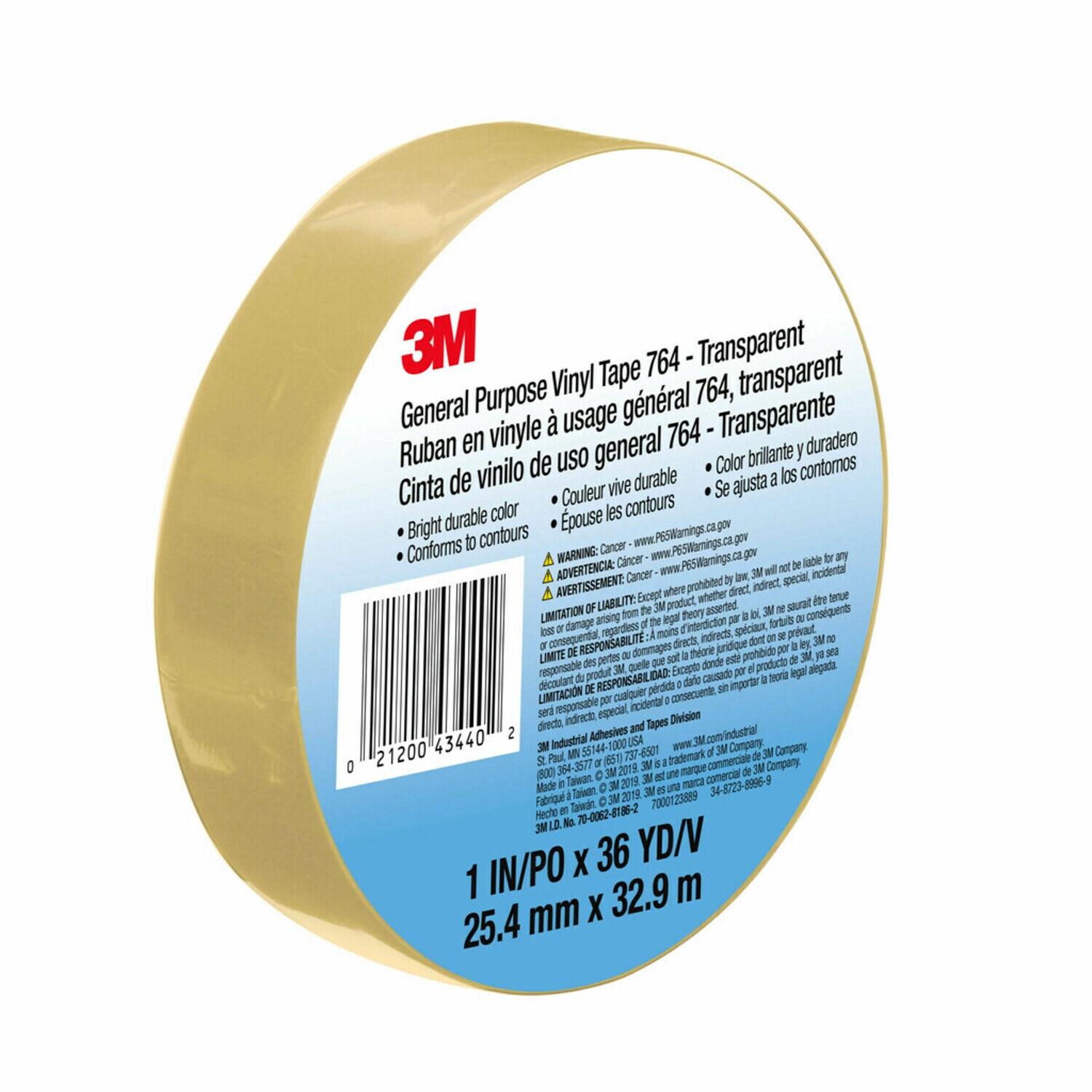 7000123889 - 3M General Purpose Vinyl Tape 764, Transparent, 1 in x 36 yd, 5 mil, 36 Roll/Case, Individually Wrapped Conveniently Packaged