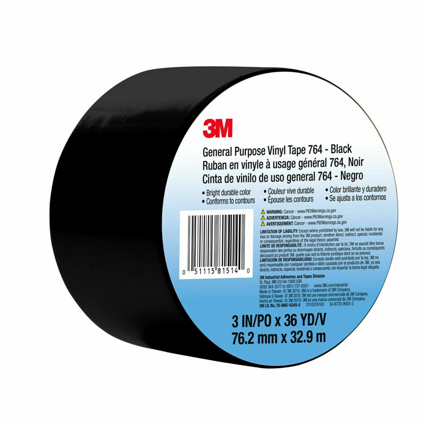 7010376163 - 3M General Purpose Vinyl Tape 764, Black, 3 in x 36 yd, 5 mil, 12 Roll/Case, Individually Wrapped Conveniently Packaged