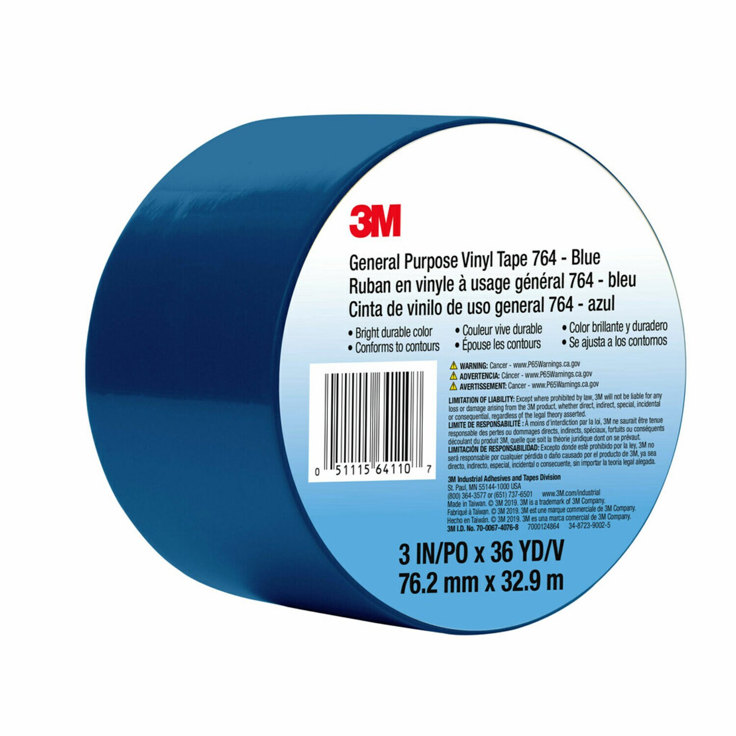 7000124864 - 3M General Purpose Vinyl Tape 764, Blue, 3 in x 36 yd, 5 mil, 12 Roll/Case, Individually Wrapped Conveniently Packaged