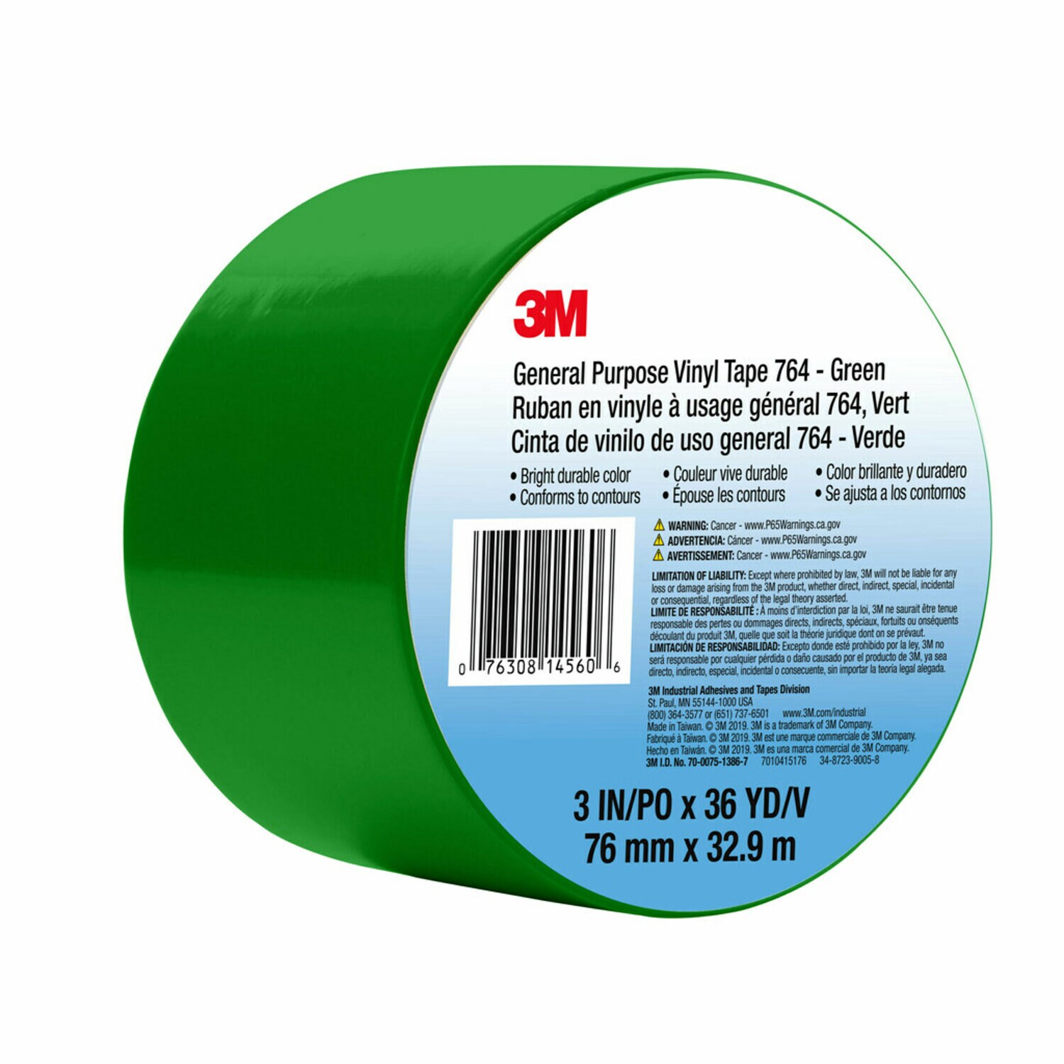 7010415176 - 3M General Purpose Vinyl Tape 764, Green, 3 in x 36 yd, 5 mil, 12 Roll/Case, Individually Wrapped Conveniently Packaged