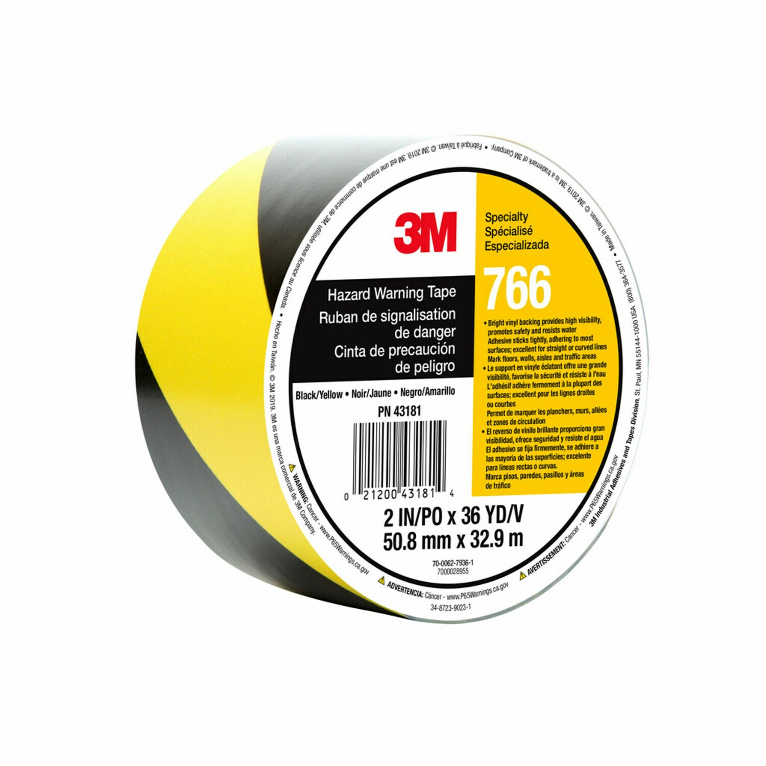 7000028955 - 3M Safety Stripe Warning Tape 766, Black/Yellow, 2 in x 36 yd, 5 mil, 24 Roll/Case, Individually Wrapped Conveniently Packaged