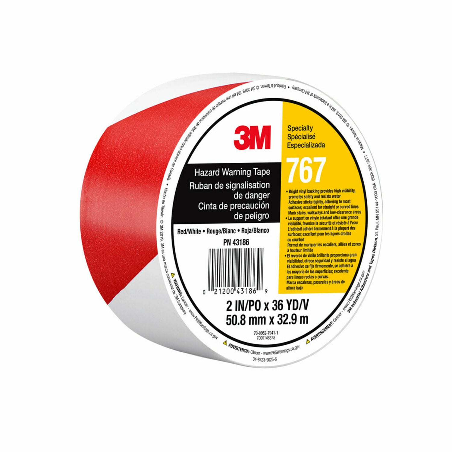7010412585 - 3M Safety Stripe Vinyl Tape 767, Red/White, 3 in x 36 yd, 5 mil, 12 Roll/Case, Individually Wrapped Conveniently Packaged