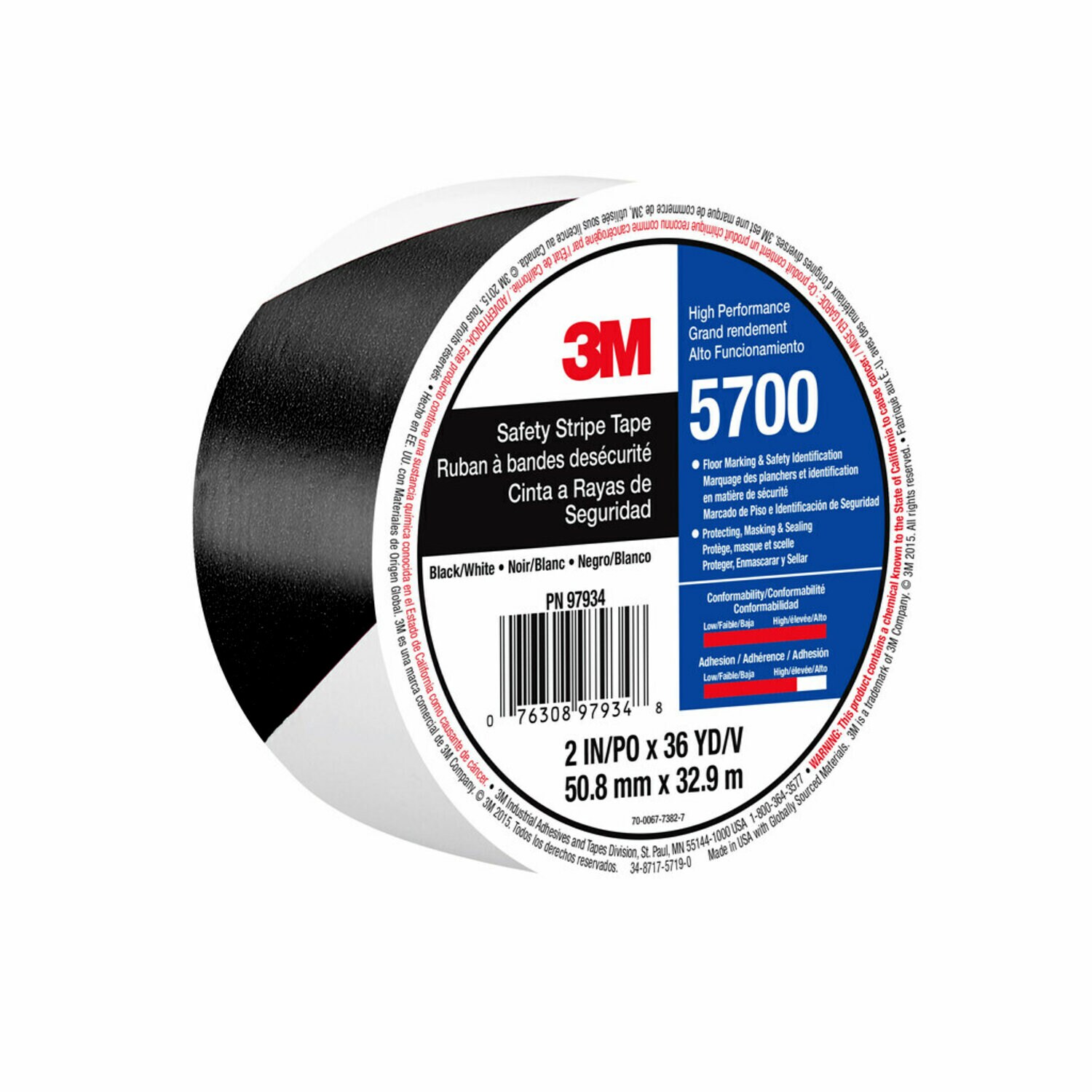 7010375513 - 3M Safety Stripe Vinyl Tape 5700, Black/White, 2 in x 36 yd, 5.4 mil, 24 Roll/Case, Individually Wrapped Conveniently Packaged