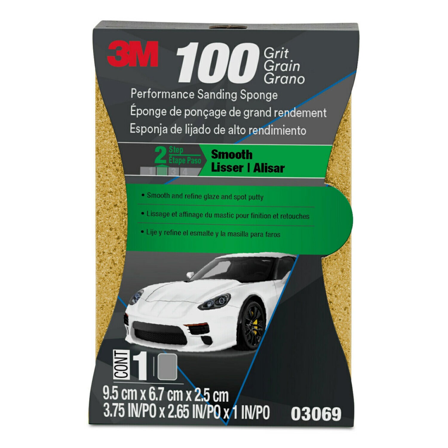 7010328055 - 3M Performance Sanding Sponge, 03069, 1 inch x 2-5/8 inch, 100 Grit, 12 per case