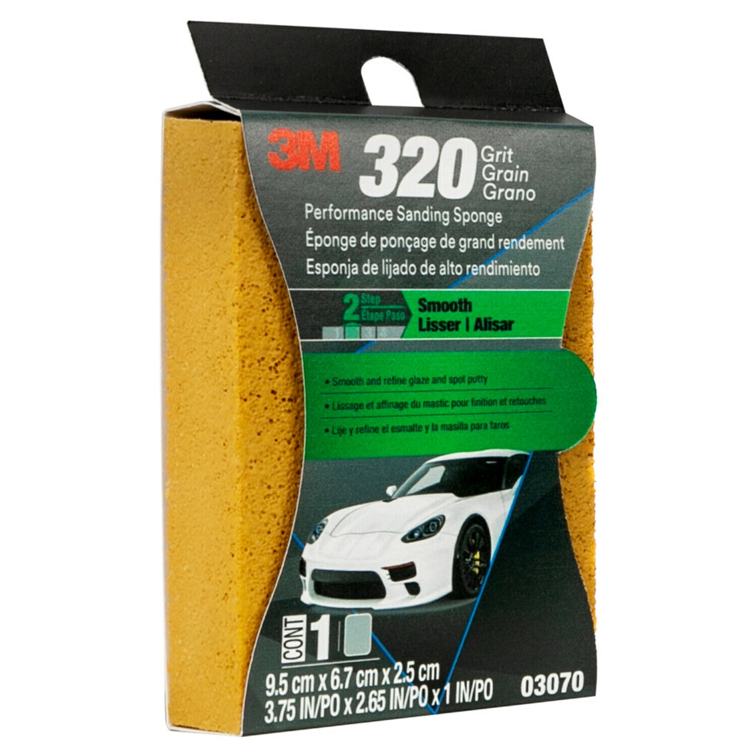 7010300638 - 3M Performance Sanding Sponge, 03070, 1 inch x 2-5/8 inch, 320 Grit, 12 per case