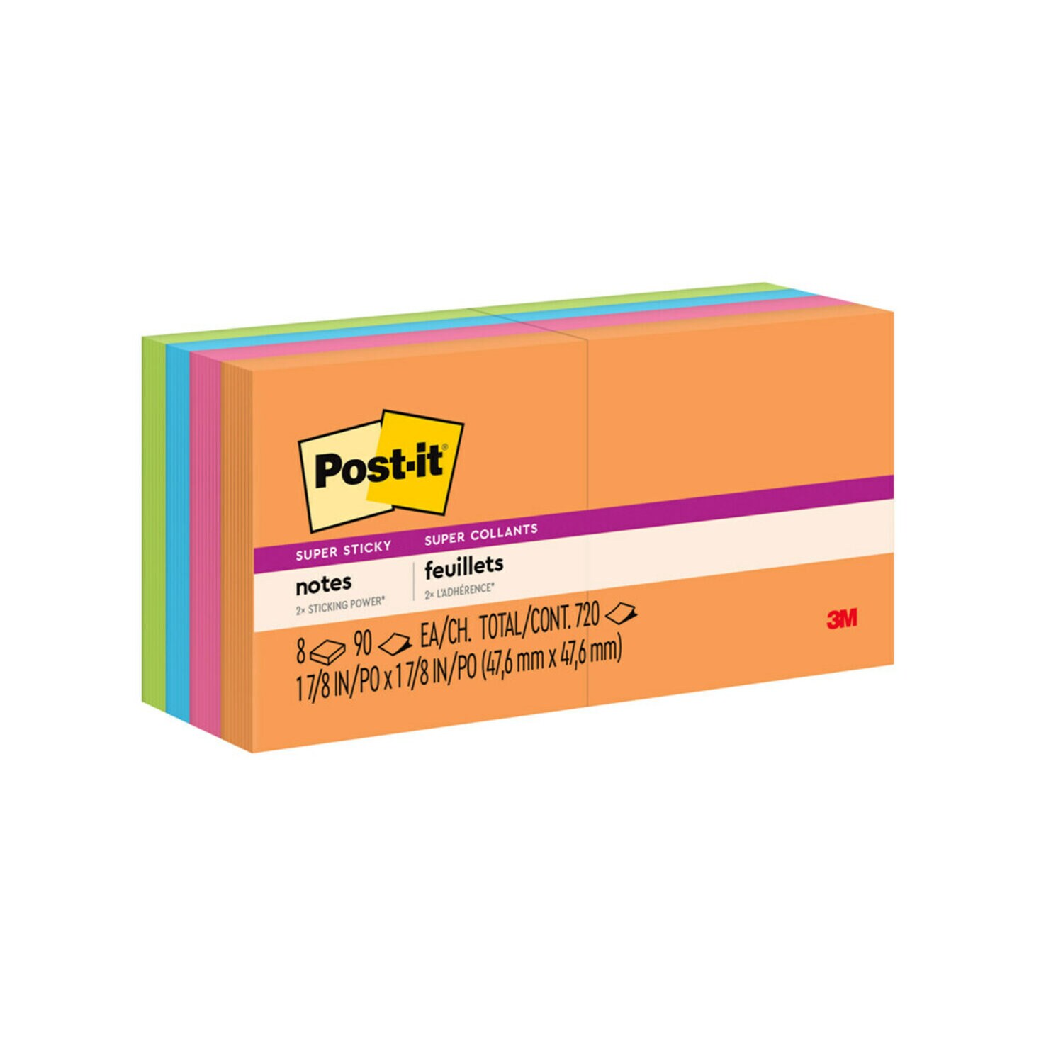7100262109 - Post-it Super Sticky Notes 622-6SSAU, 2 in x 2 in, Energy Boost, 8 Pads/Pack, 45 Sheets/Pad, 100% PEFC, SGSCH-PEFC-COC-110078