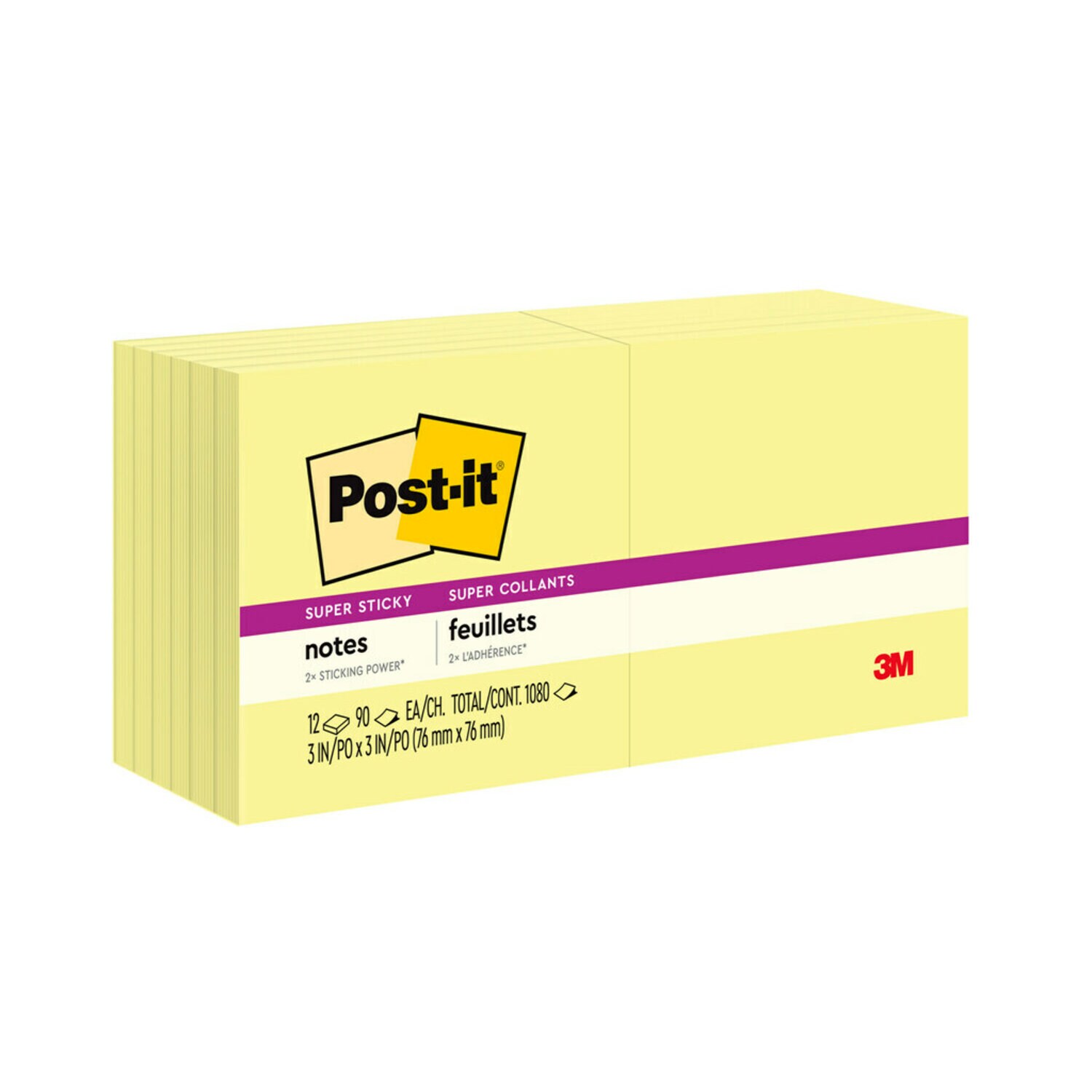 7100230105 - Post-it Super Sticky Notes 654-12SSCY, 3 in x 3 in (76 mm x 76 mm), Canary Yellow, 12 pk, 90 sh per pad