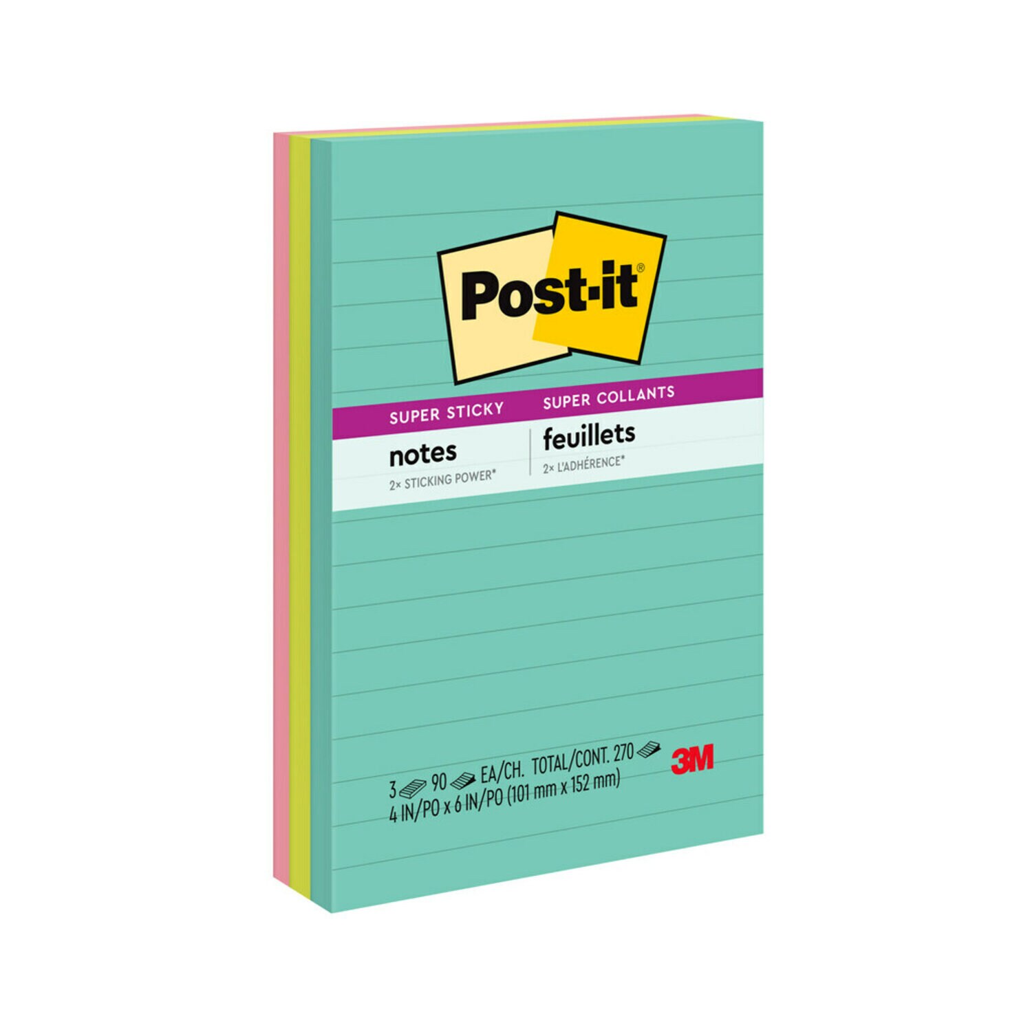 7100114061 - Post-it Super Sticky Notes 4645-3SSAN, 4 in x 6 in, Supernova Neons, Lined, 3 Pads/Pack, 100% PEFC, SGSCH-PEFC-COC-110078