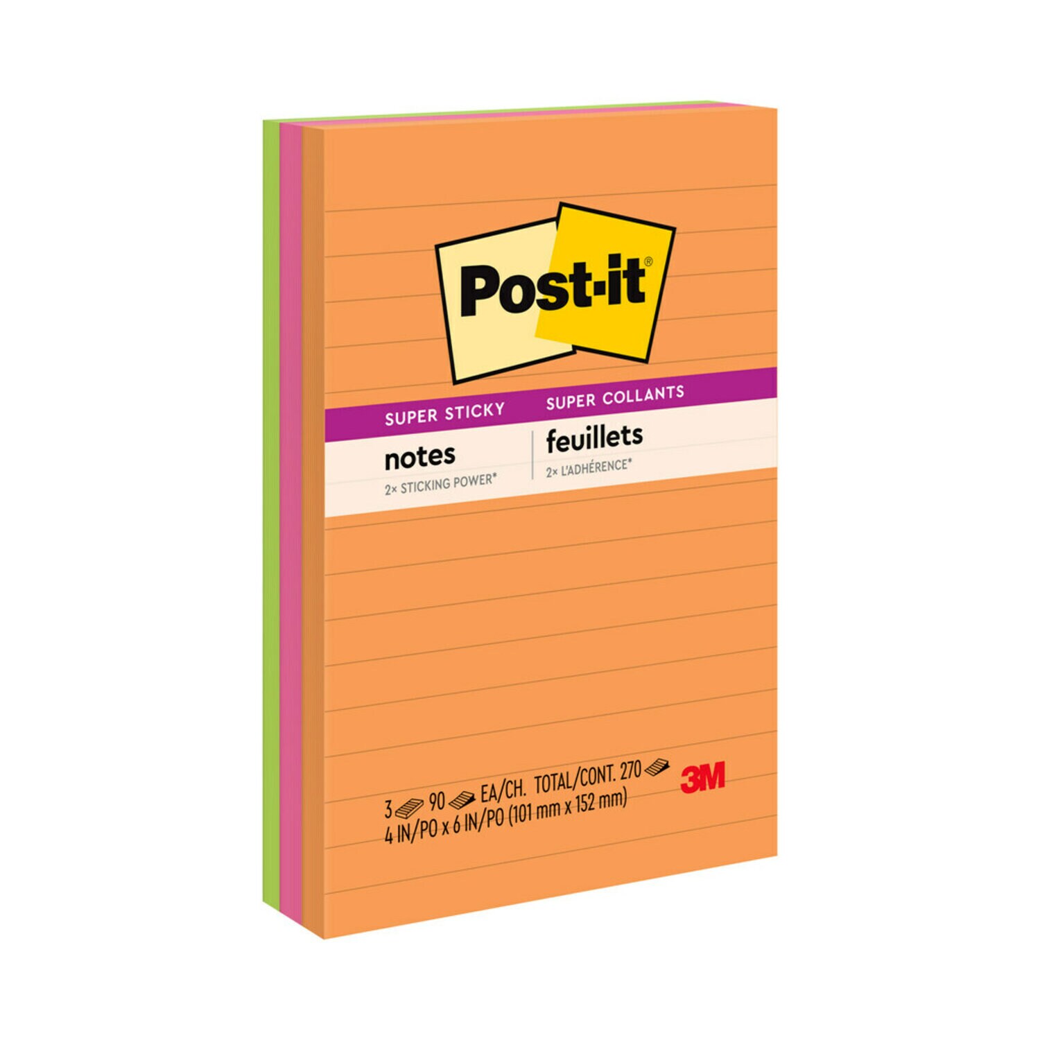 7100417196 - Post-it Super Sticky Notes Lined 660-3SSUC, 4 in x 6 in (101 mm x 152 mm), 90 sheets/pad, 100% PEFC, SGSCH-PEFC-COC-110078