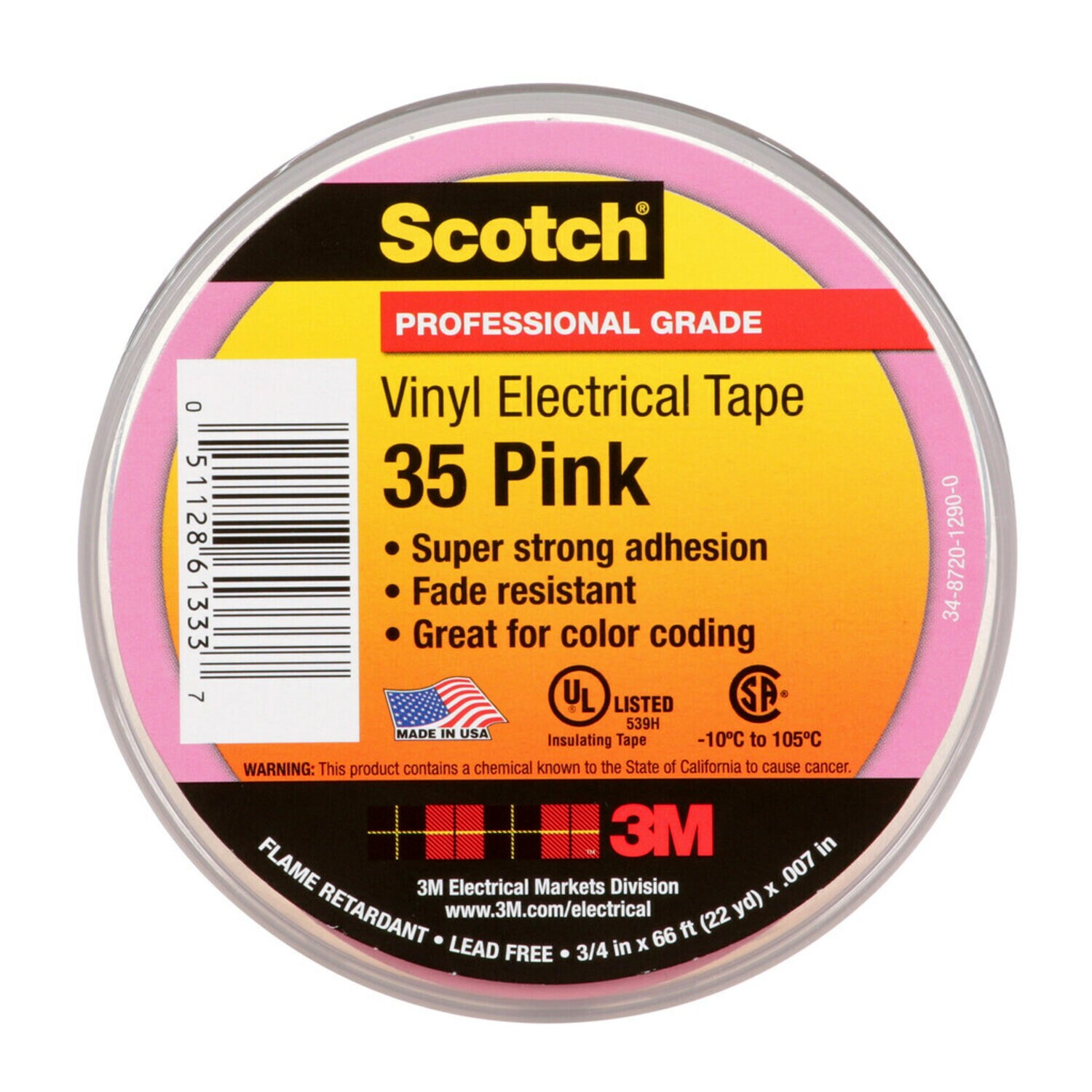 7010411602 - Scotch Vinyl Color Coding Electrical Tape 35, 3/4 in x 66 ft, Pink, 10 rolls/carton, 100 rolls/Case