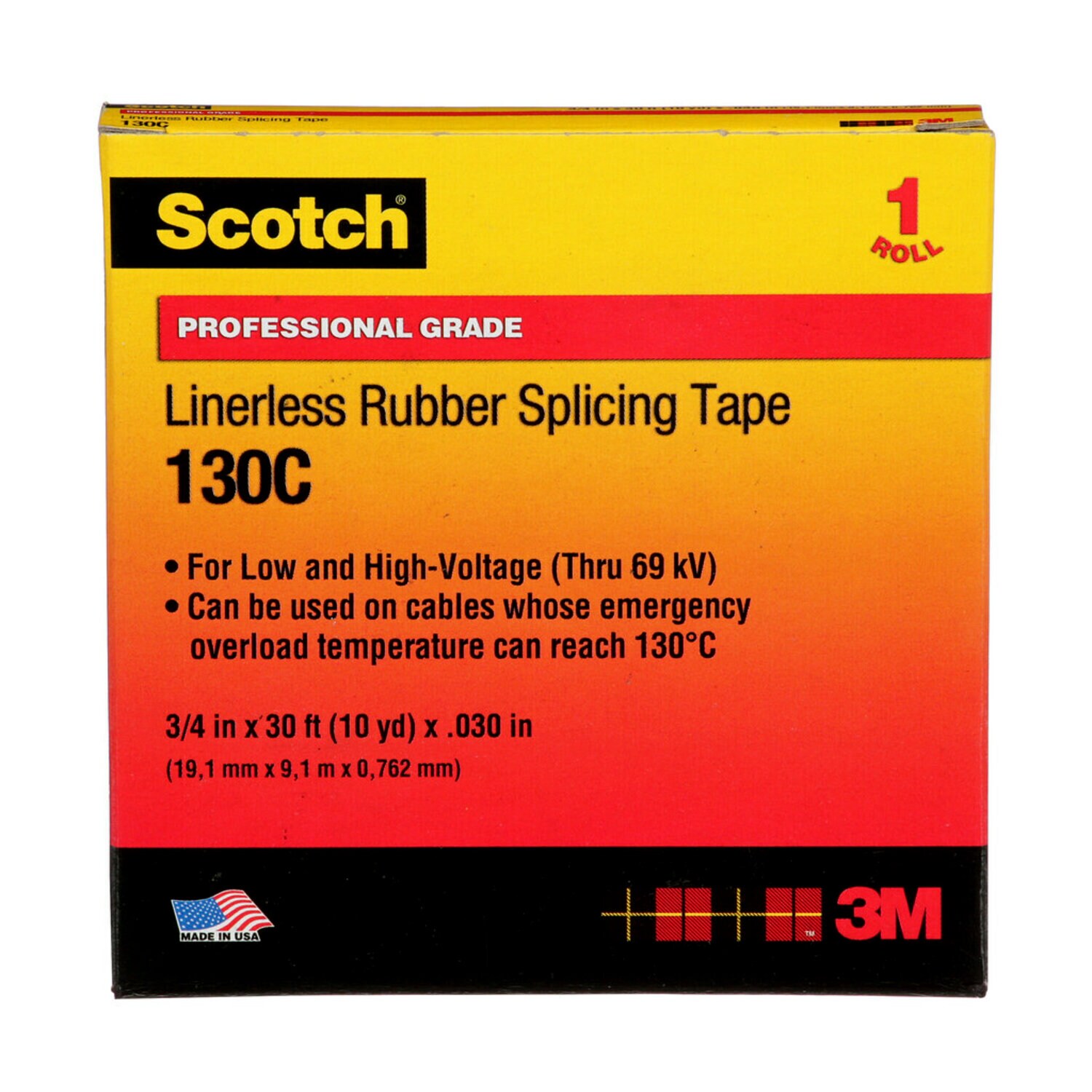 7000006085 - Scotch Linerless Rubber Splicing Tape 130C, 3/4 in x 30 ft, Black, 1 roll/carton, 24 rolls/Case