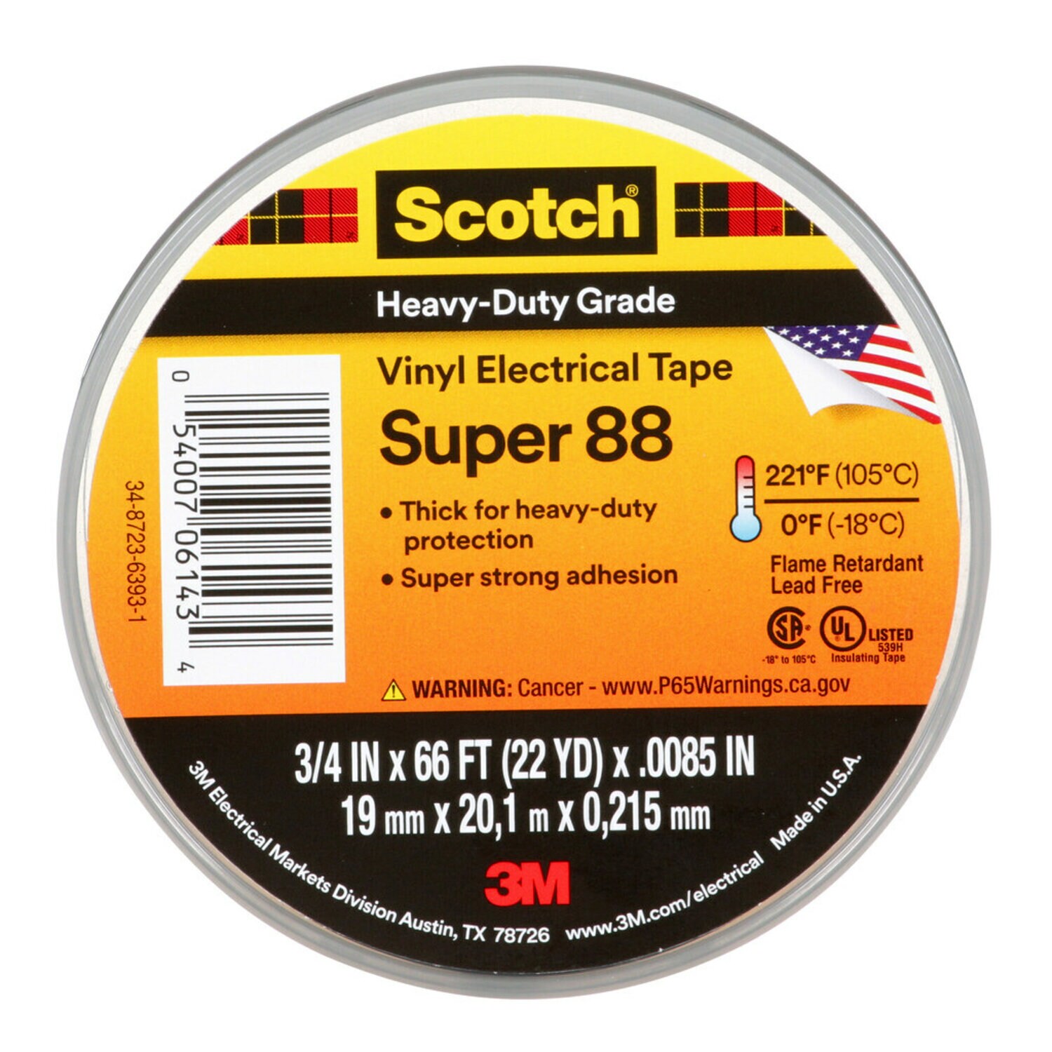 7000006092 - Scotch Vinyl Electrical Tape Super 88, 3/4 in x 66 ft, Black, 10 rolls/carton, 100 rolls/Case