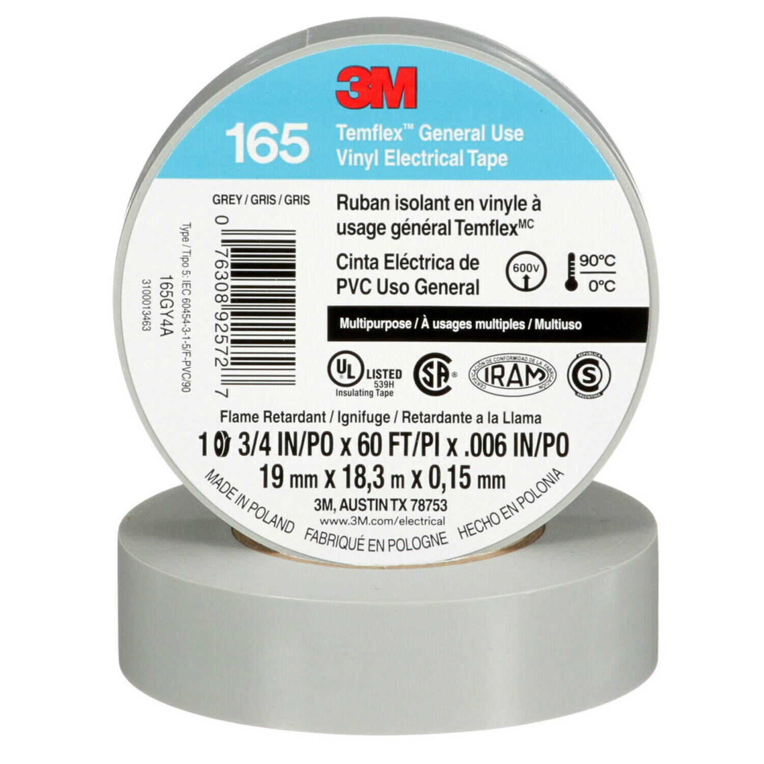 7100169192 - 3M Temflex Vinyl Electrical Tape 165, Gray, 3/4 in x 60 ft (19 mm x 18 m), 6 mil, 100 Rolls/Case