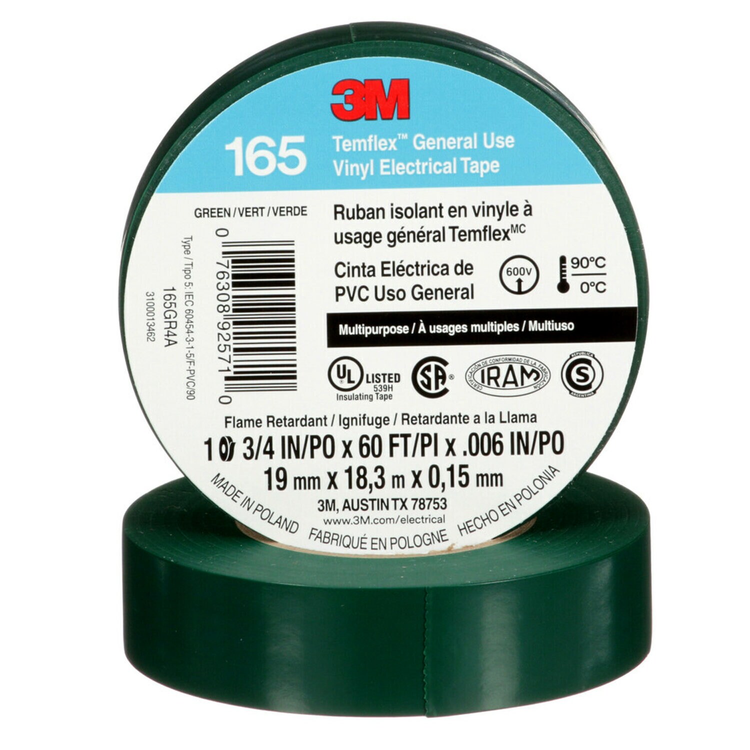 7100169430 - 3M Temflex Vinyl Electrical Tape 165, Green, 3/4 in x 60 ft (19 mm x 18 m), 6 mil, 100 Rolls/Case