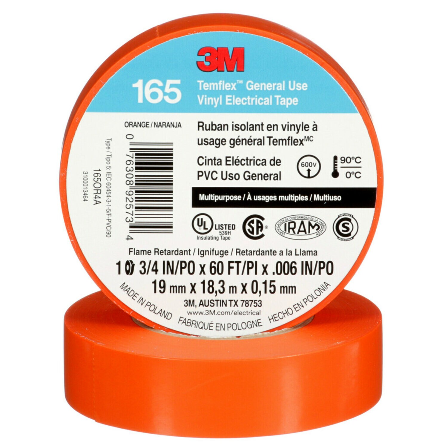 7100169433 - 3M Temflex Vinyl Electrical Tape 165, Orange, 3/4 in x 60 ft (19 mm x 18 m), 6 mil, 100 Rolls/Case