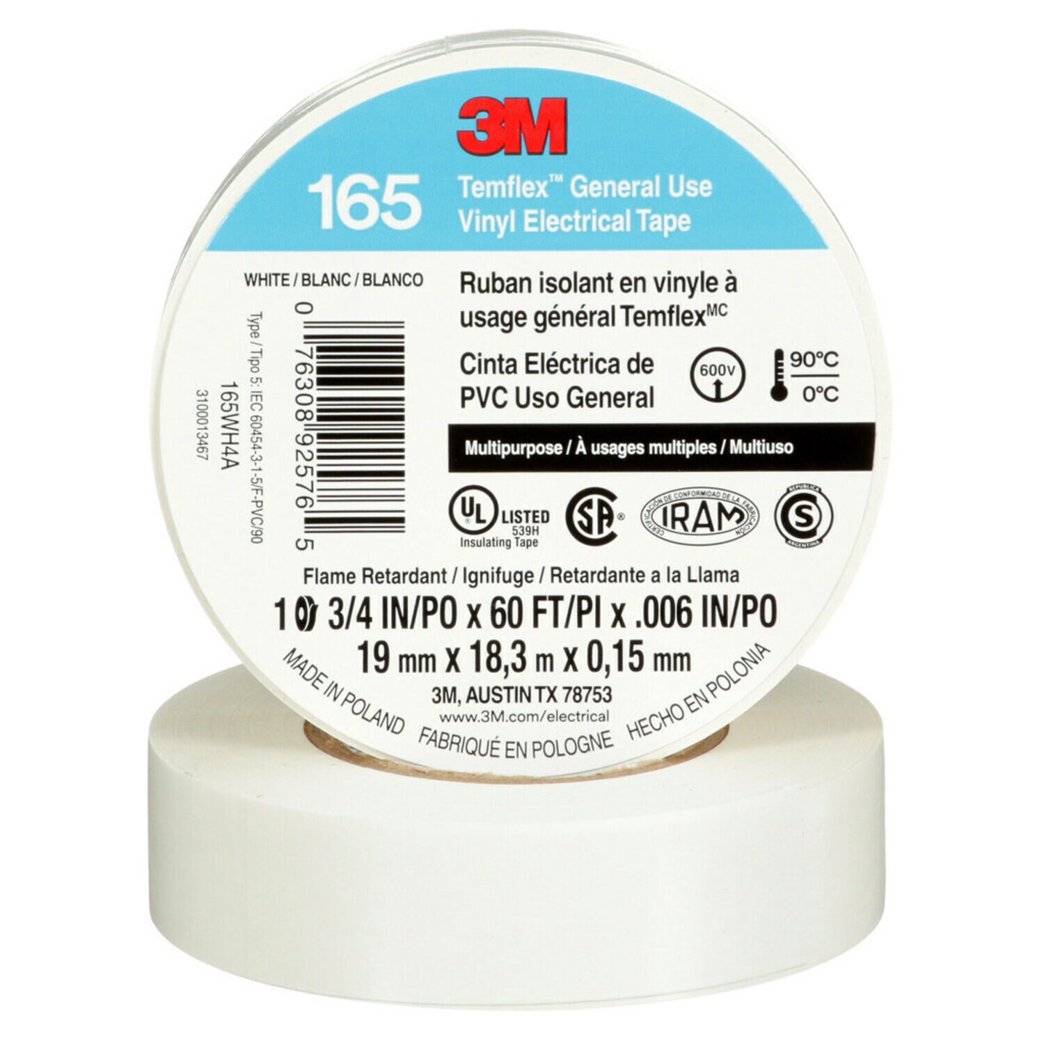 7100169491 - 3M Temflex Vinyl Electrical Tape 165, White, 3/4 in x 60 ft (19 mm x 18 m), 6 mil, 100 Rolls/Case