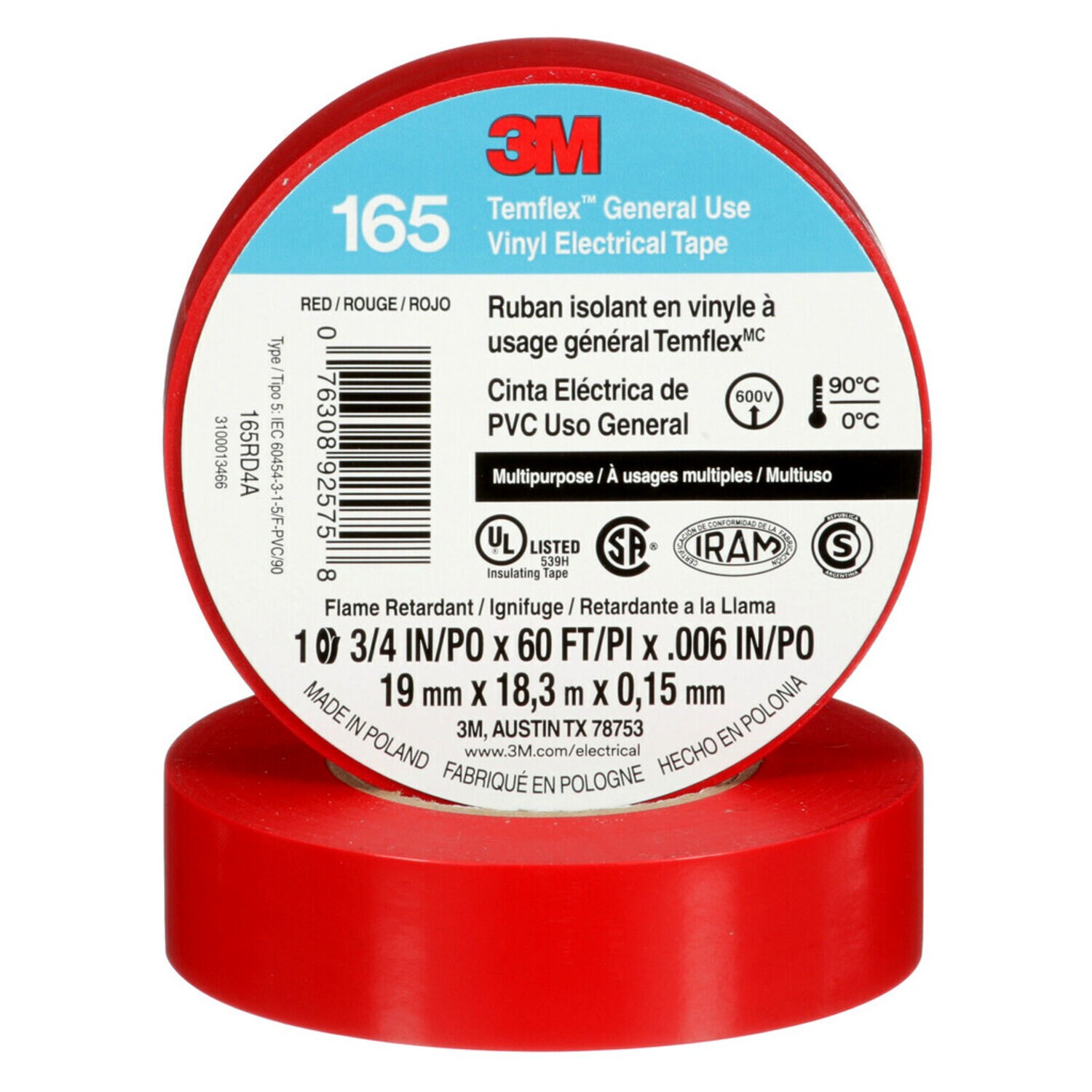 7100169492 - 3M Temflex Vinyl Electrical Tape 165, Red, 3/4 in x 60 ft (19 mm x 18 m), 6 mil, 100 Rolls/Case