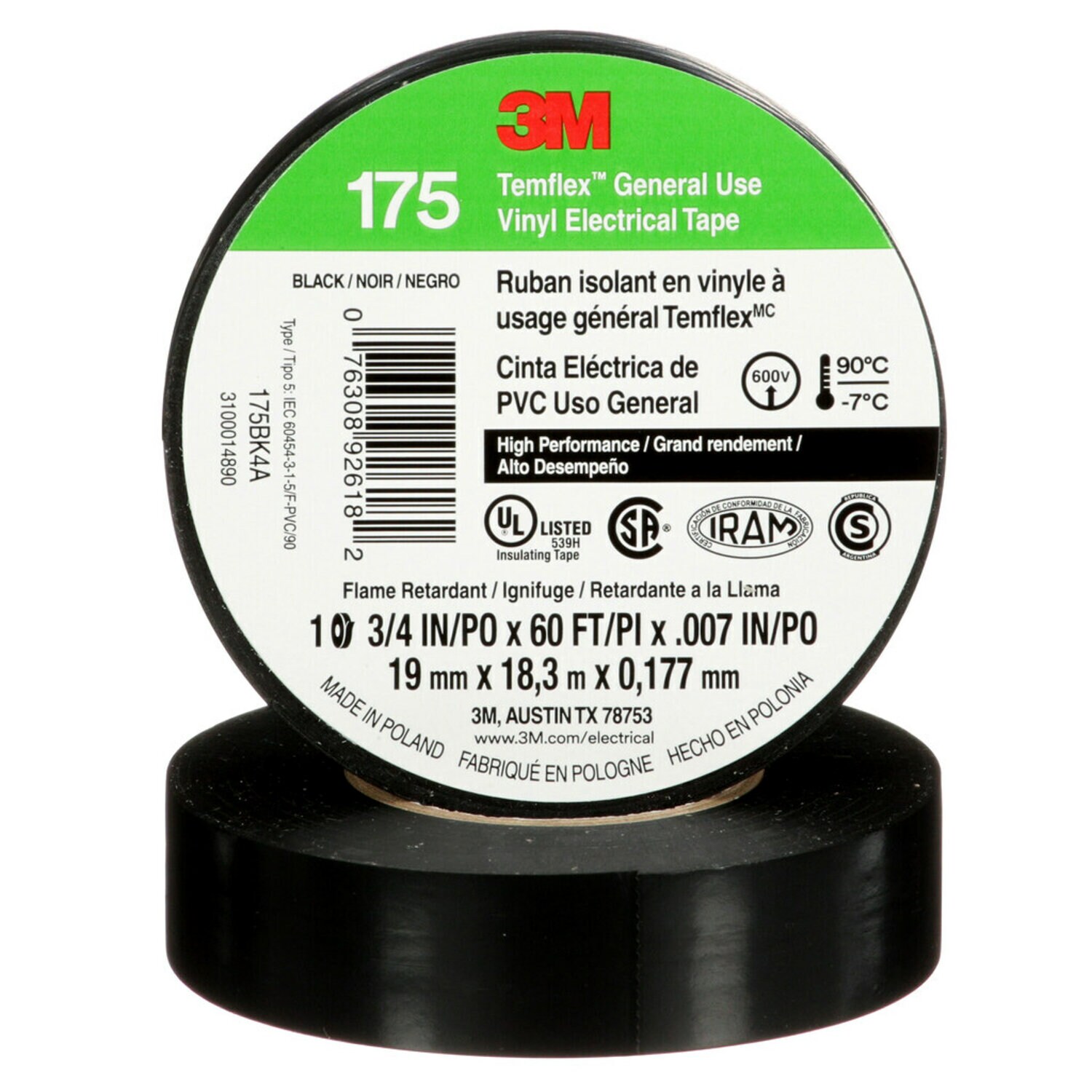 7100188506 - 3M Temflex Vinyl Electrical Tape 175, Black, 3/4 in x 60 ft (19 mm x 18 m), 7 mil, 100 Rolls/Case