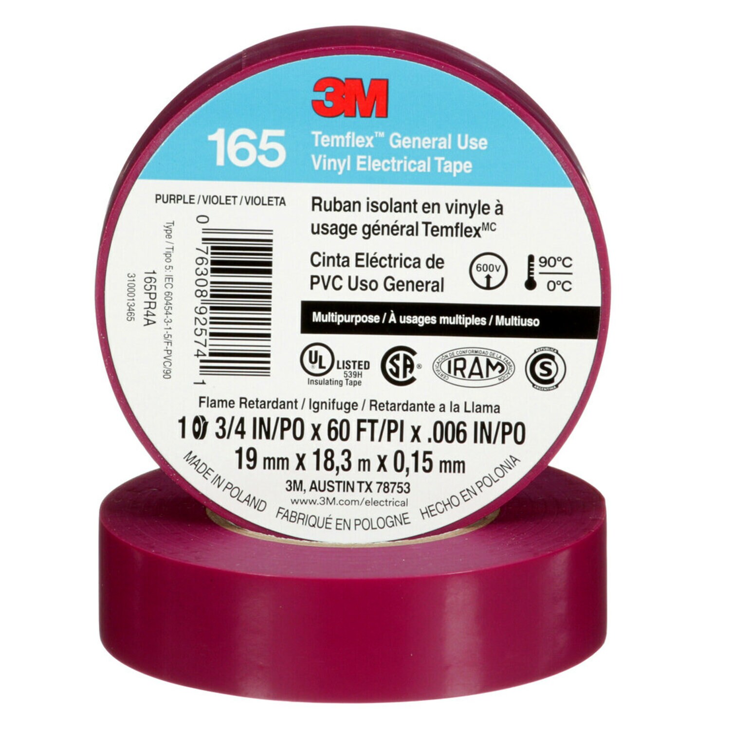 7100169434 - 3M Temflex Vinyl Electrical Tape 165, Purple, 3/4 in x 60 ft (19 mm x 18 m), 6 mil, 100 Rolls/Case