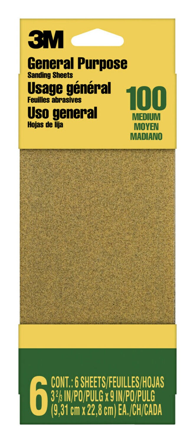 7010293044 - 3M General Purpose Sanding Sheets 9016NA-CC, 3 2/3 in x 9 in, Medium grit, 6/pk, 20 pks/cs