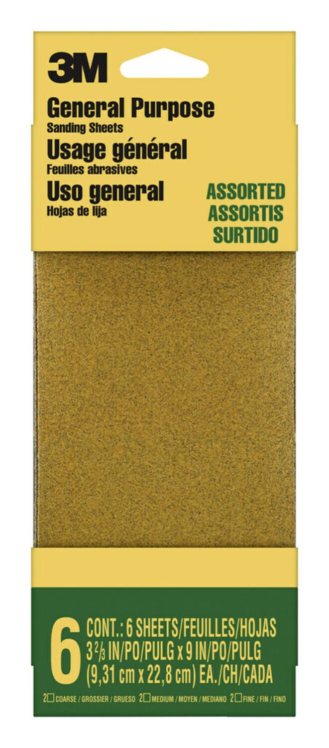 7010341429 - 3M General Purpose Sanding Sheets 9019NA-CC, 3 2/3 in x 9 in, Assorted grit, 6/pk, 20 pks/cs