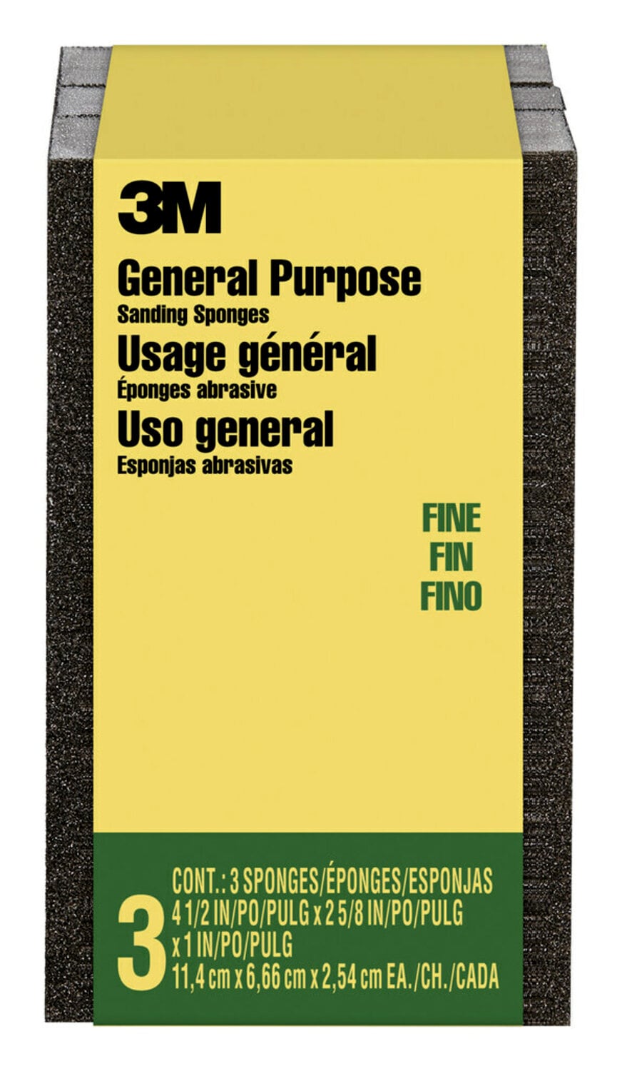7100241248 - 3M General Purpose Sanding Sponge CP001-3PK-LG, Block, 2 5/8 in x 4 1/2 in x 1 in, Fine, 3/pack, 6 pks/cs