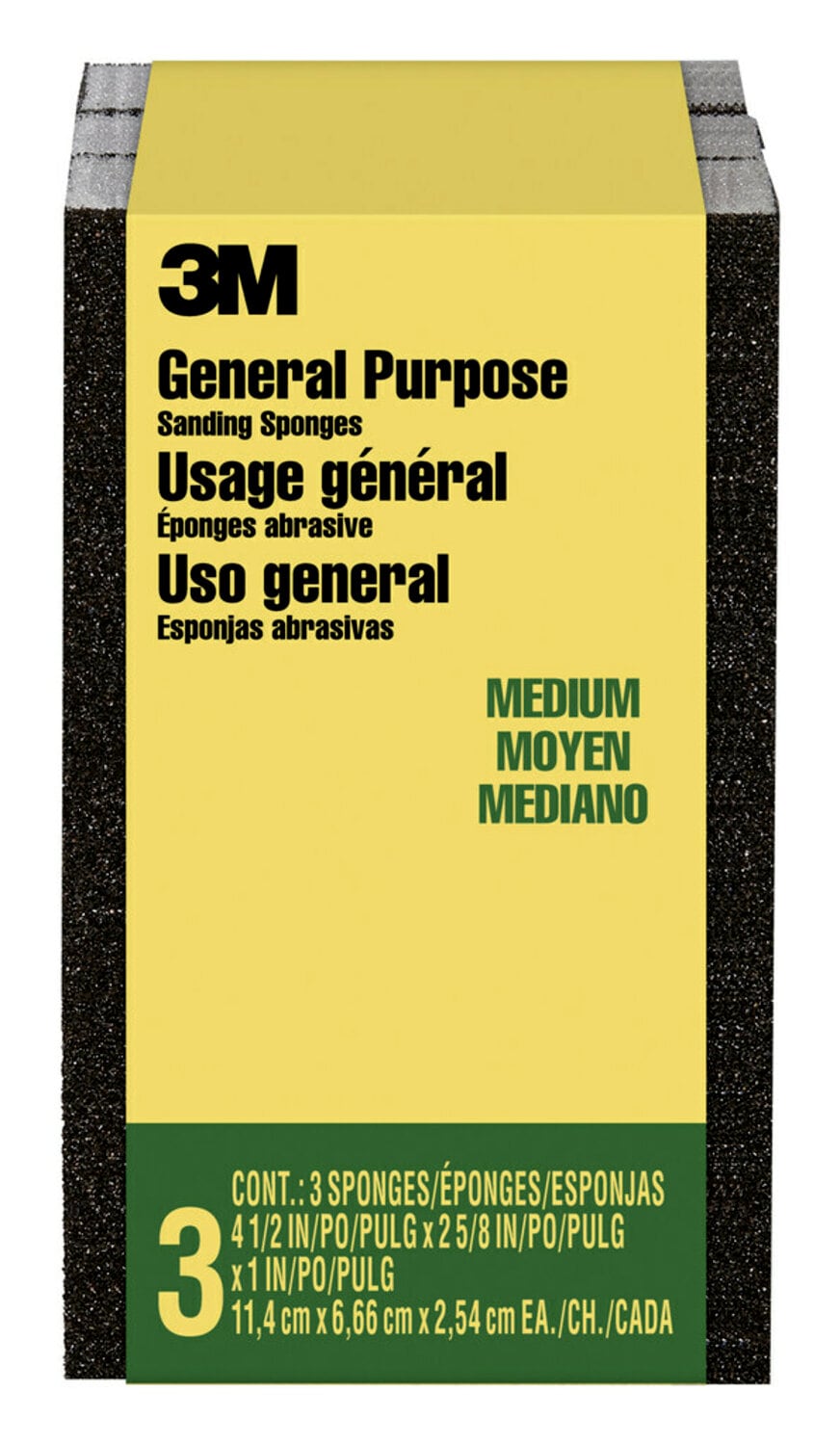 7100173301 - 3M General Purpose Sanding Sponge CP002-3PK-LG, Block, 2 5/8 in x 4 1/2 in x 1 in, Medium, 3/pk, 6 pks/cs