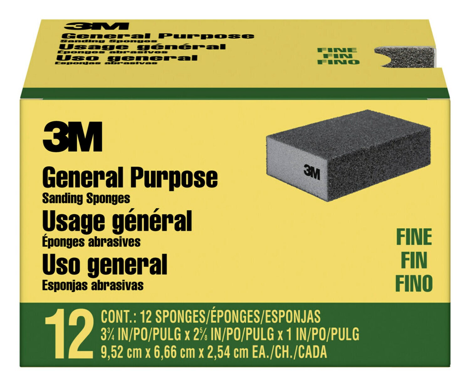 7100173307 - 3M General Purpose Sanding Sponge CP001-12P, Block, 3 3/4 in x 2 5/8 in x 1 in, Fine, 12/pk, 4 pks/cs