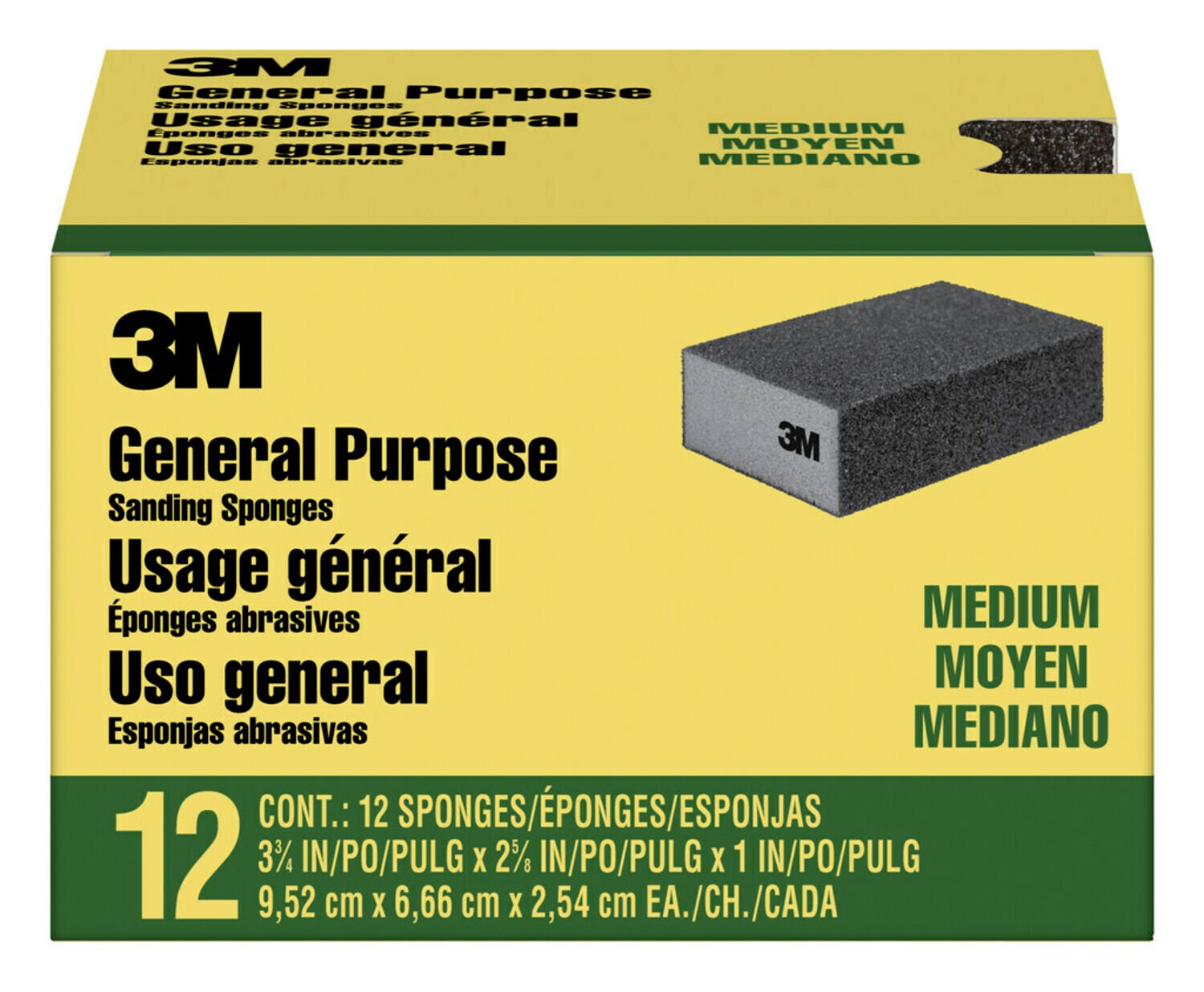 7100173930 - 3M General Purpose Sanding Sponge CP002-12P, Block, 3 3/4 in x 2 5/8 in x 1 in, Medium, 12/pk, 4 pks/cs