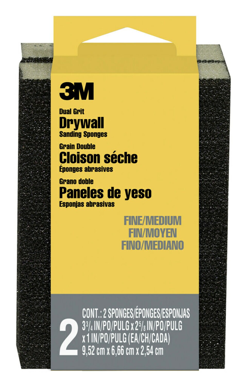 7010340441 - 3M Drywall Sanding Sponge 19093, Dual Grit Block, 2 5/8 in x 3 3/4 in x 1 in, Fine/Medium grit, 2/pk, 12 pks/cs