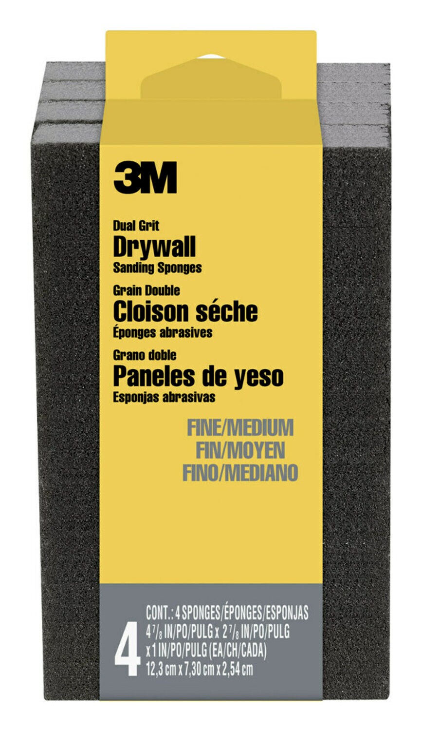 7100140504 - 3M Drywall Sanding Sponge 9095DC-NA-4PK, Dual Grit Block, 2 7/8 in x 4 7/8 in x 1 in, Fine/Medium, 4/pk, 6 pks/cs