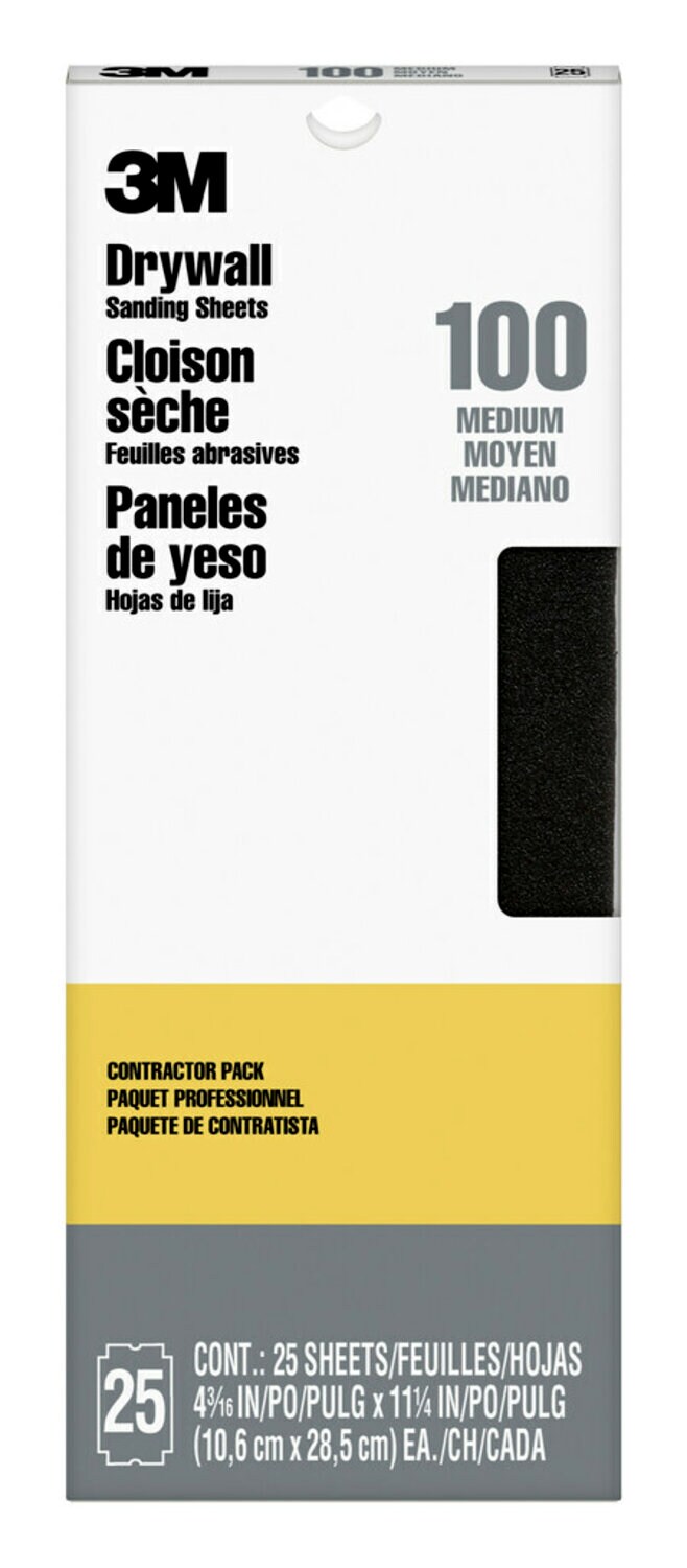 7000052281 - 3M Drywall Sanding Sheet 99432NA, 100 grit, 4 3/16 in x 11 1/4 in, 25 shts/pk, 10 pks/cv