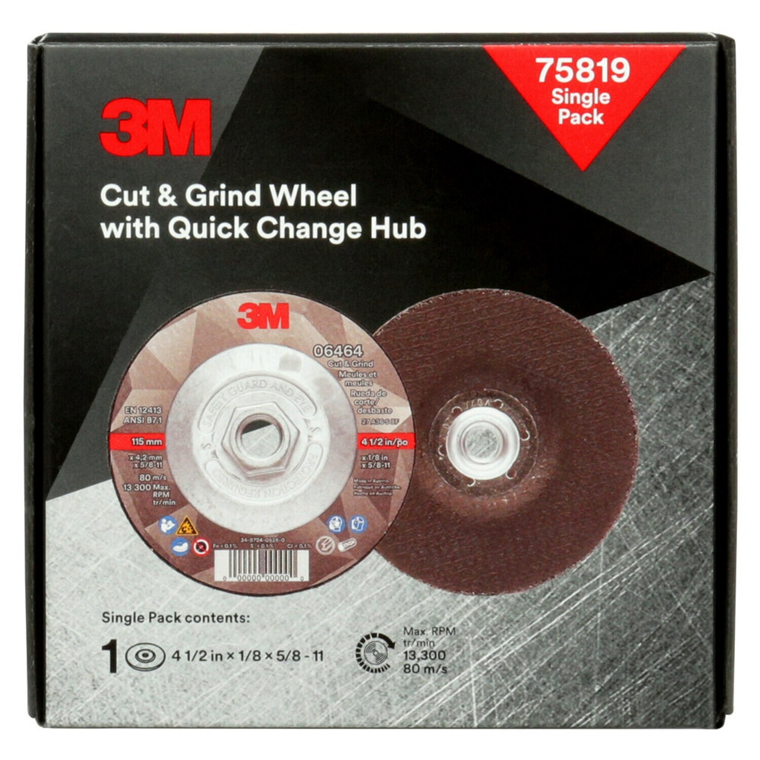 7100245019 - 3M Cut & Grind Wheel, 75819, 36+, T27, 4-1/2 in x 1/8 in x 5/8 in-11, 10/ ea/Case, Single Pack