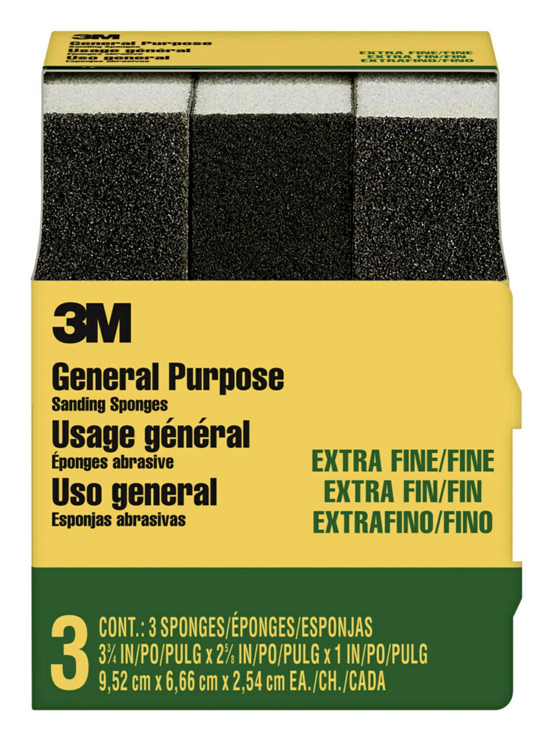 7010335348 - 3M General Purpose Sanding Sponge 907NA-3P-CC, 3 3/4 in x 2 5/8 in x 1 in, Dual Grit, Extra Fine/Fine, 3 spgs/pack, 6 pks/cs