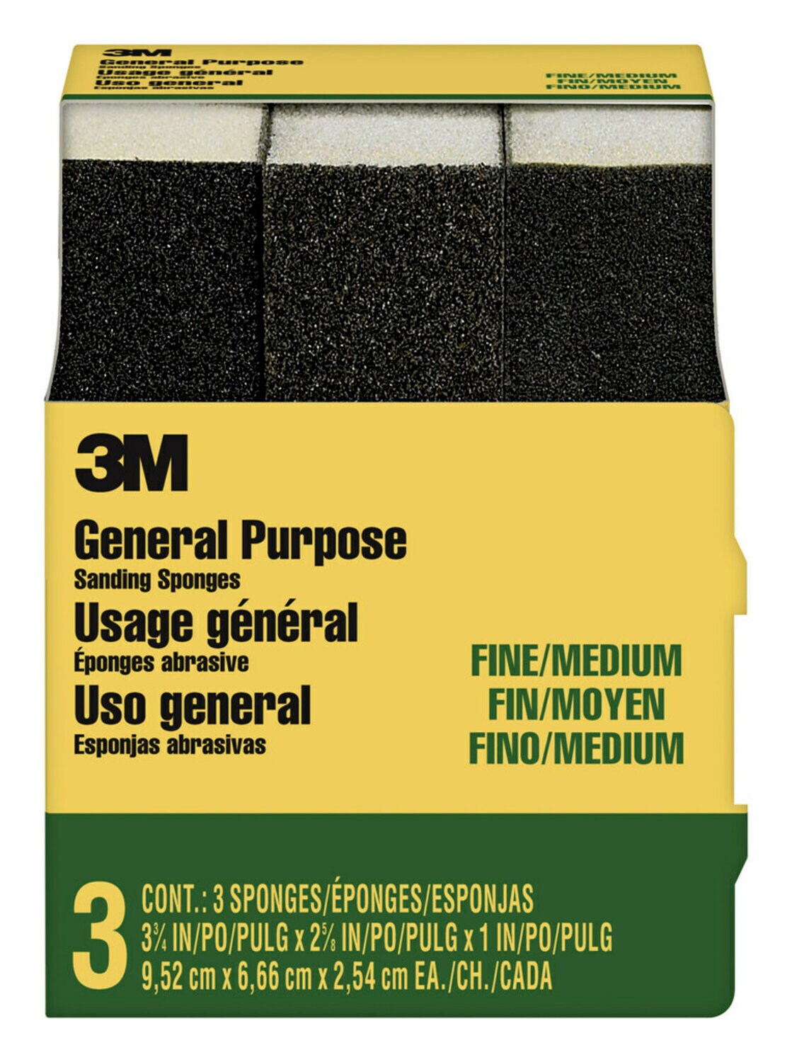 7010375224 - 3M General Purpose Sanding Sponge 908NA-3P-CC, 3 3/4 in x 2 5/8 in x 1 in, Dual Grit, Fine/Medium, 3 sponges/pack, 6 pks/cs