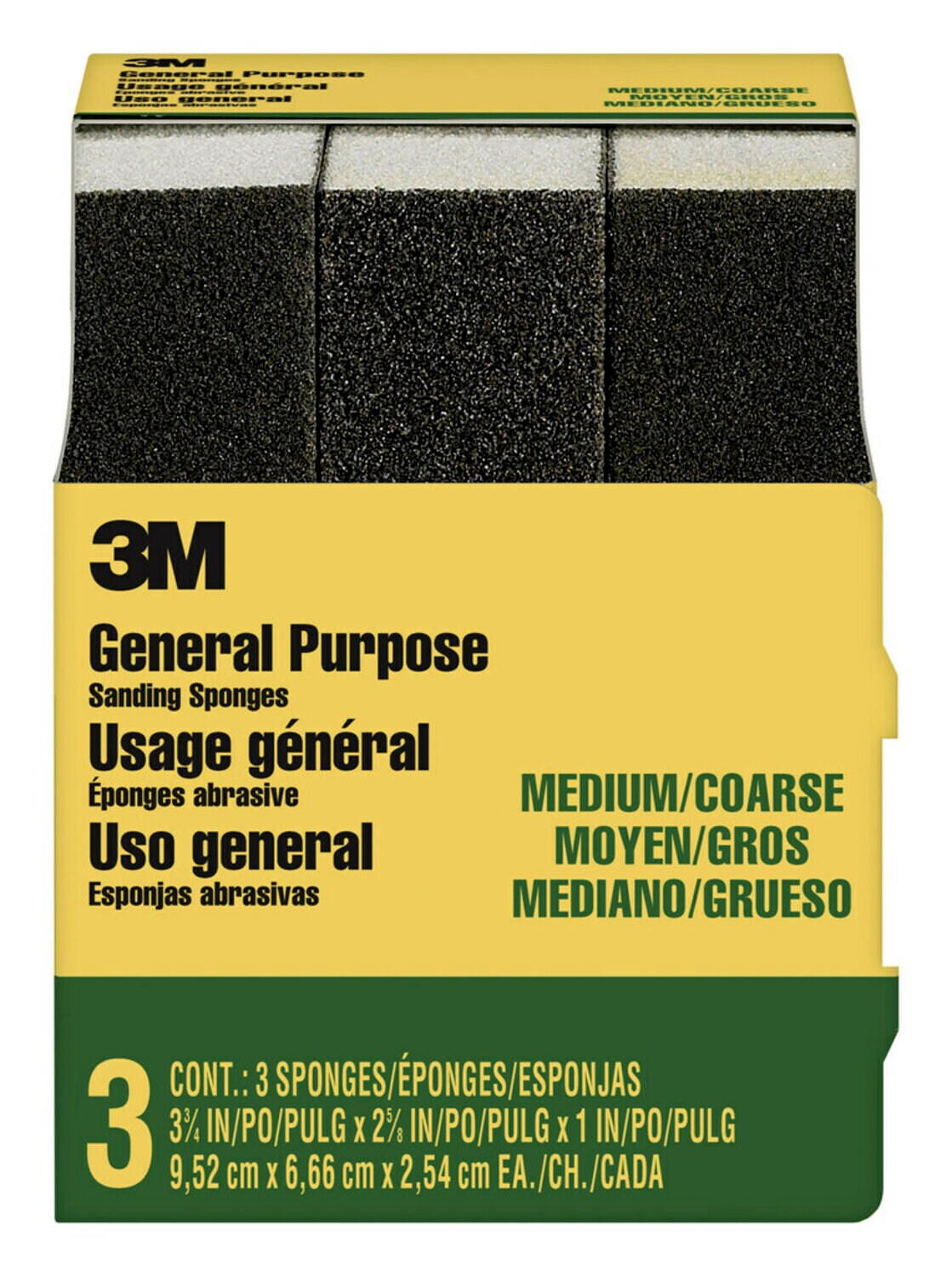 7010312225 - 3M General Purpose Sanding Sponge 909NA-3P-CC, 3 3/4 in x 2 5/8 in x 1 in, Dual Grit, Medium/Coarse, 3 sponges/pack, 6 pks/cs