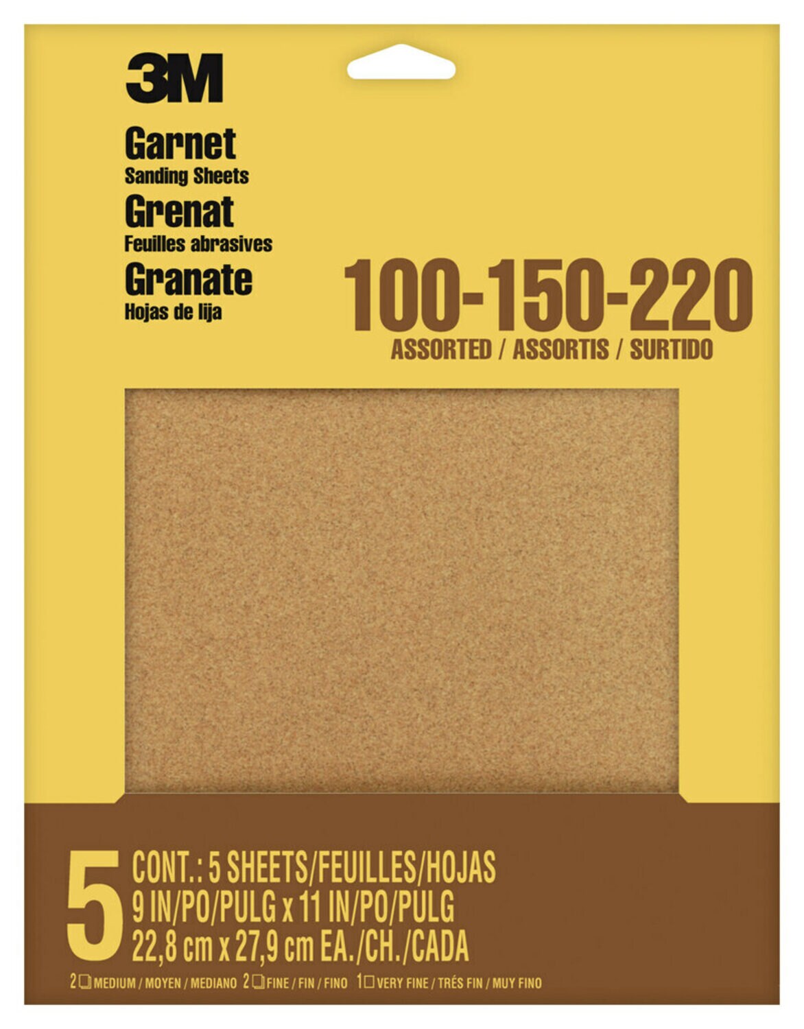 7000052074 - 3M Garnet Sanding Sheets 9040NA, 9 in x 11 in, Assorted Grits, 5 sheets/pk, 10 pks/inner, 50 pks/cs