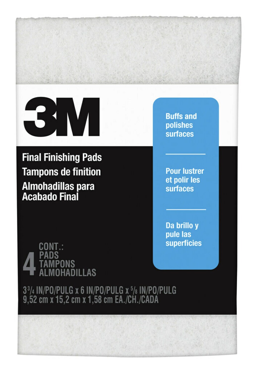 7100096075 - 3M Final Finishing Pads 10199NA4PK, 3 3/4 in x 6 in x 5/8 in, Replaces 0000 Steel Wool, 4 pads/pk, 6 pks / cs